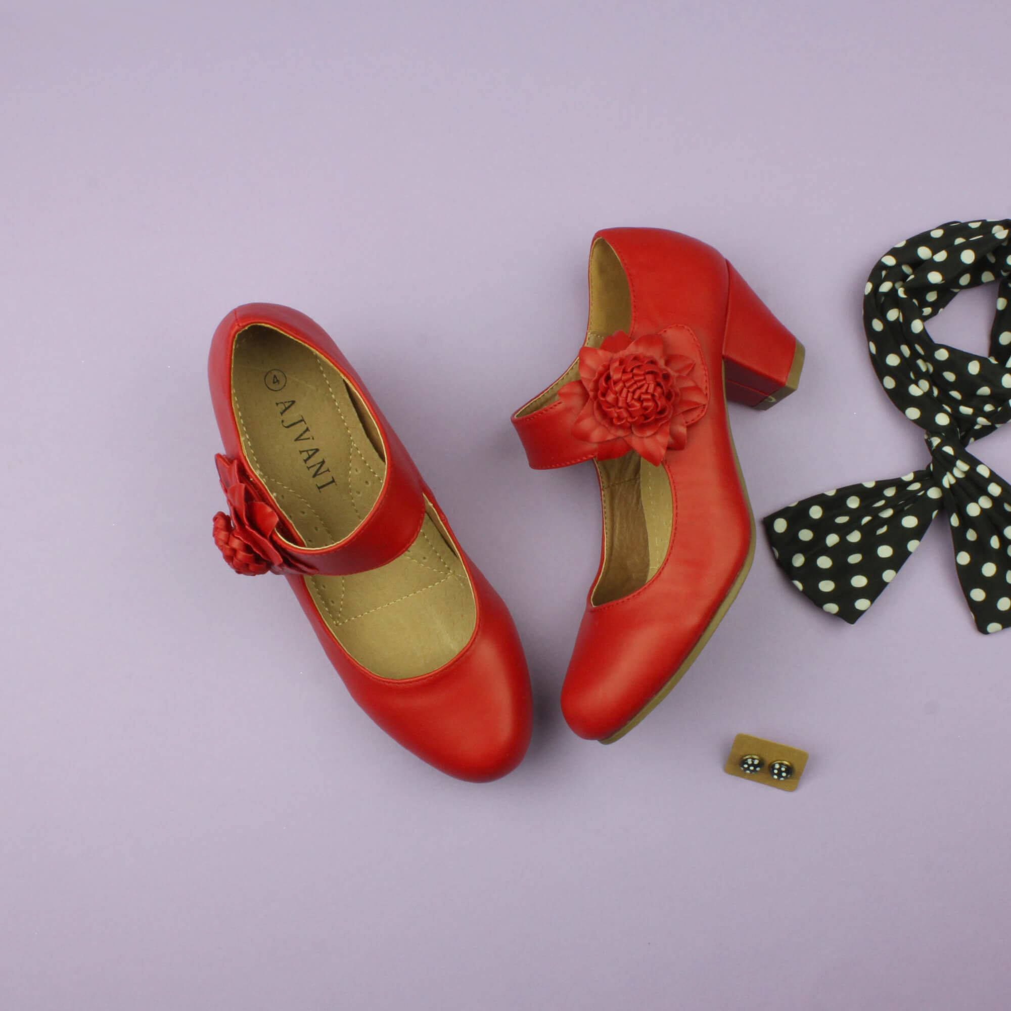 Red AJVANI Red Mid Block Heel Mary Jane Comfort Court Shoes, Image 4 of 6