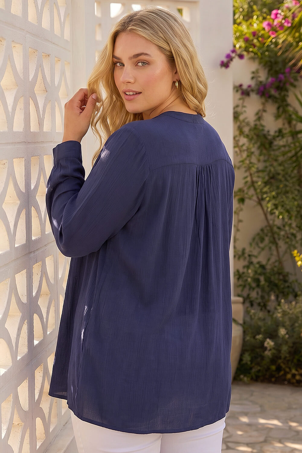 Navy Curve Lace Trim Pintuck Blouse, Image 3 of 4
