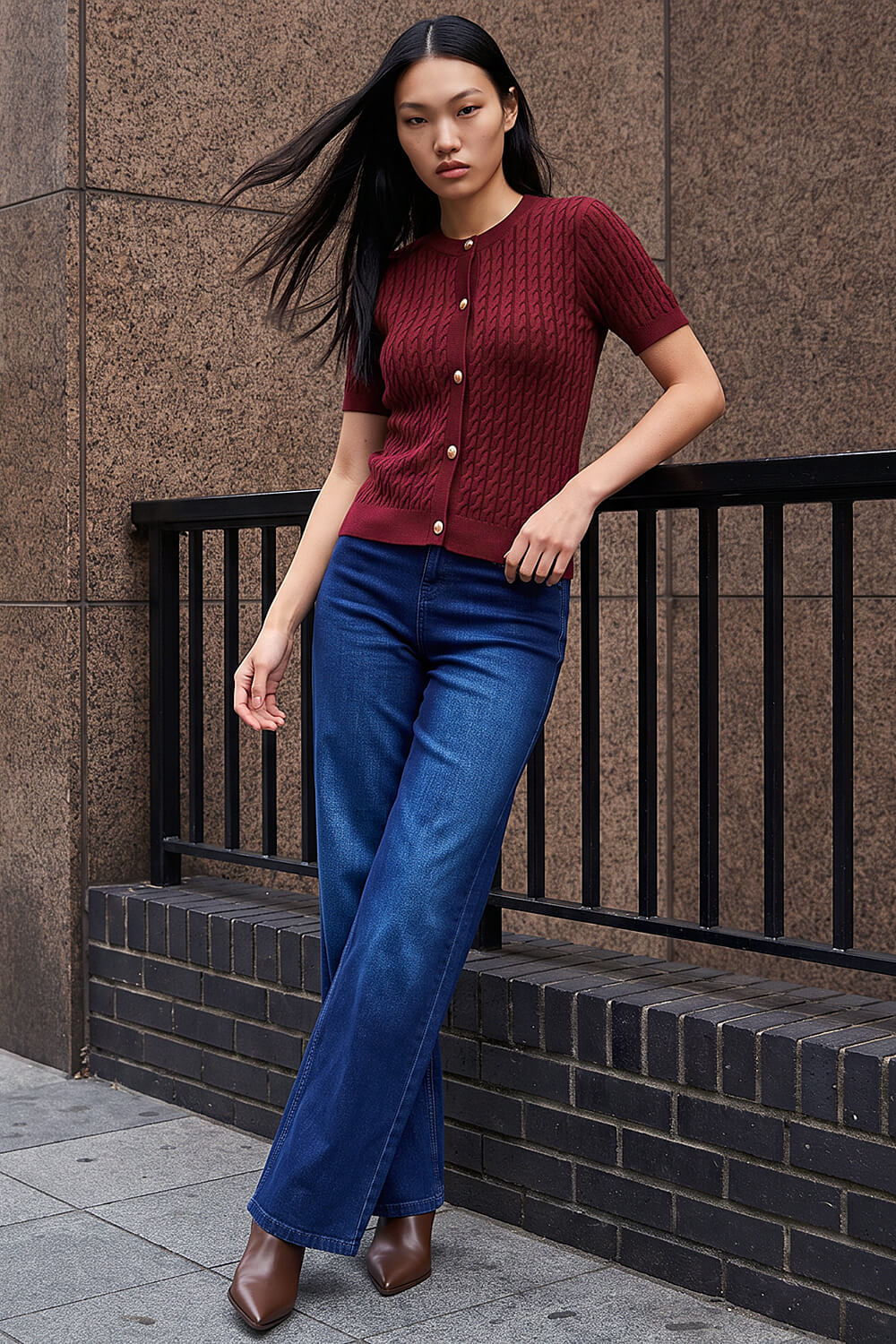 Wine Dusk Cable Knit Buttoned Top, Image 3 of 4