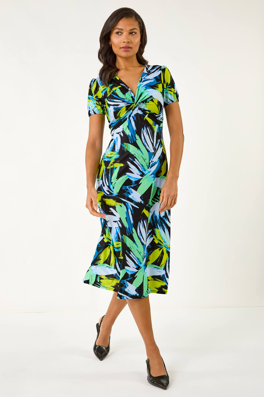 Blue Leaf Print Twist Front Midi Dress, Image 3 of 5