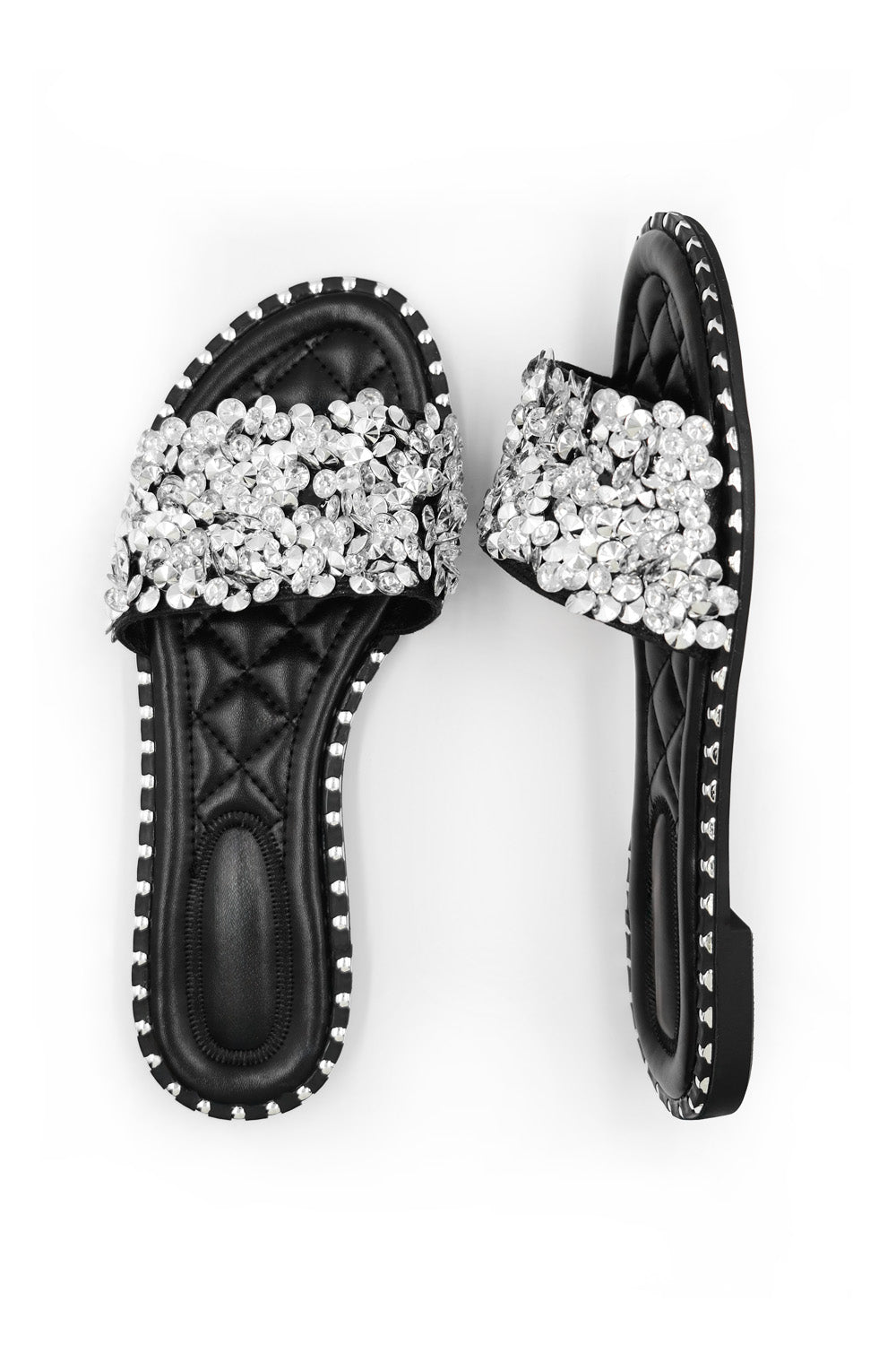 Black 'Belle' Diamante Sparkly Flat Sliders, Image 2 of 4