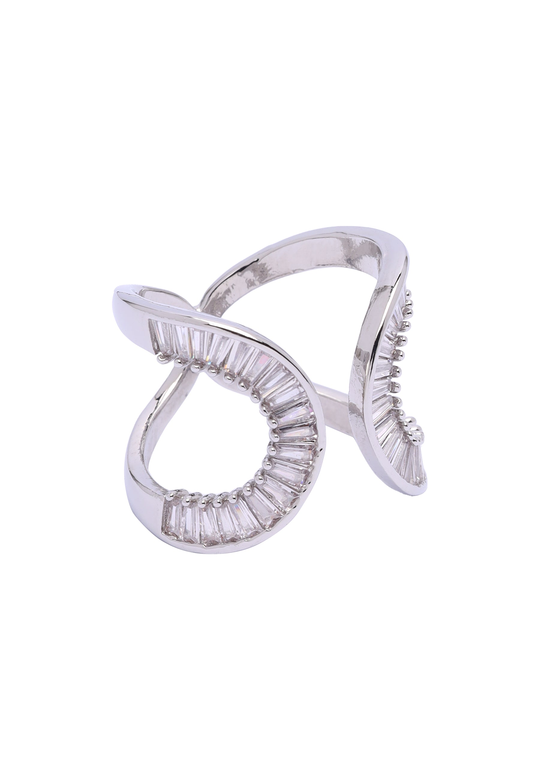 Metallic Silver Crescent Glam Ring - Free-Size