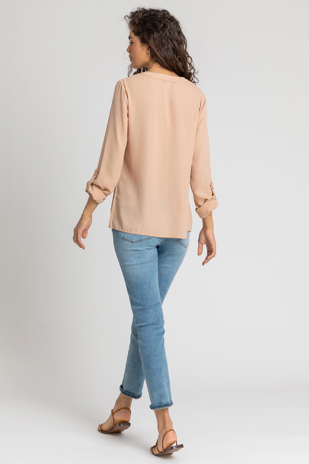 Camel Plain Buttoned Notch Neck Top, Image 3 of 4