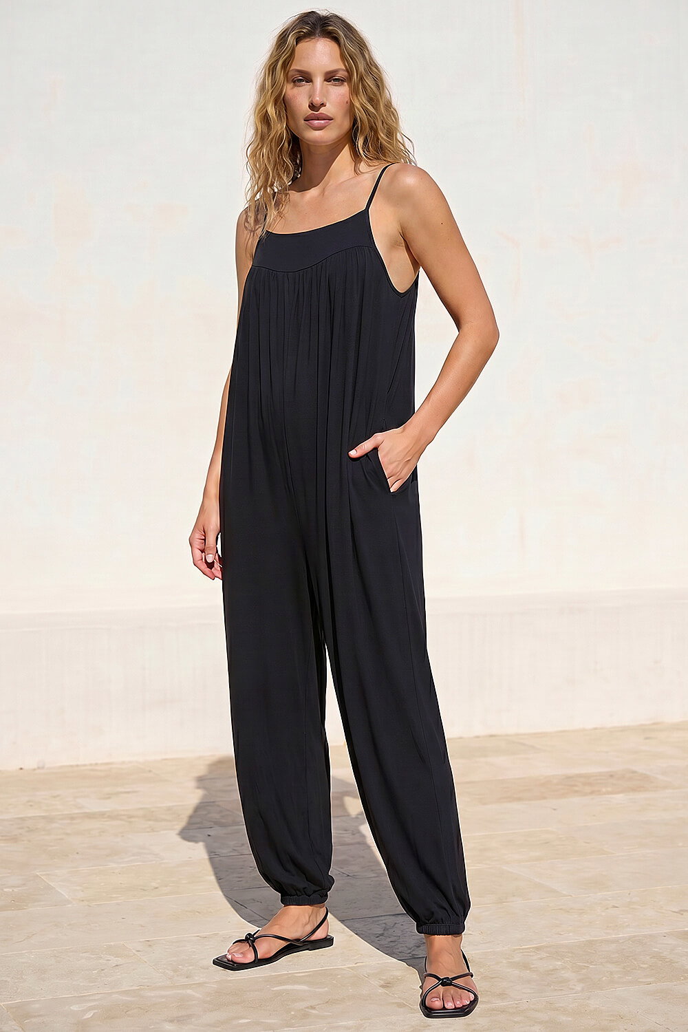 Black Strappy Full Length Stretch Jumpsuit, Image 4 of 4