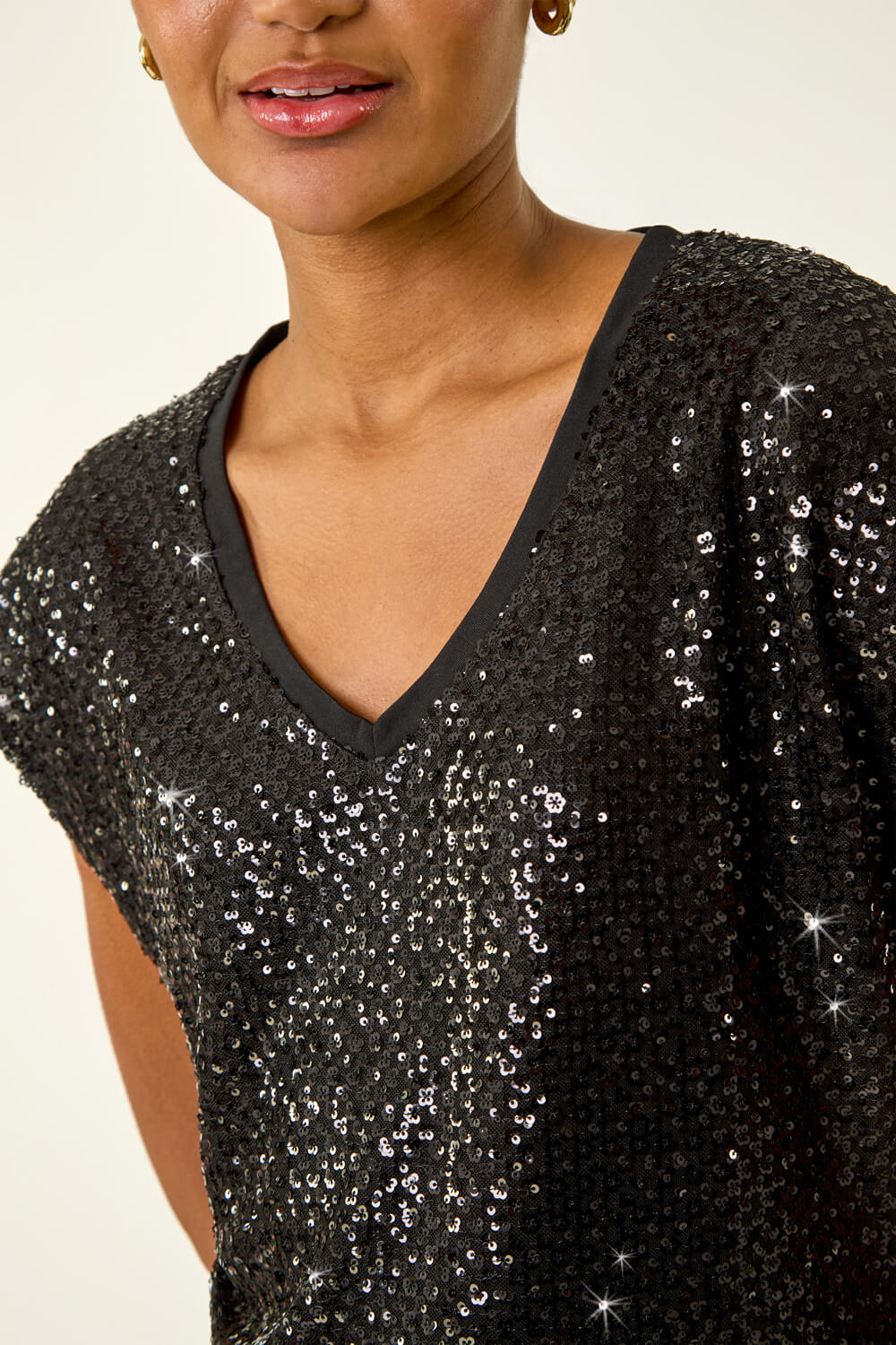Black Sequin V-Neck Stretch Top, Image 6 of 5