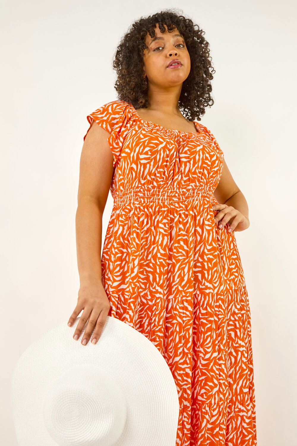 ORANGE Curve Shirred Printed Dress, Image 5 of 5