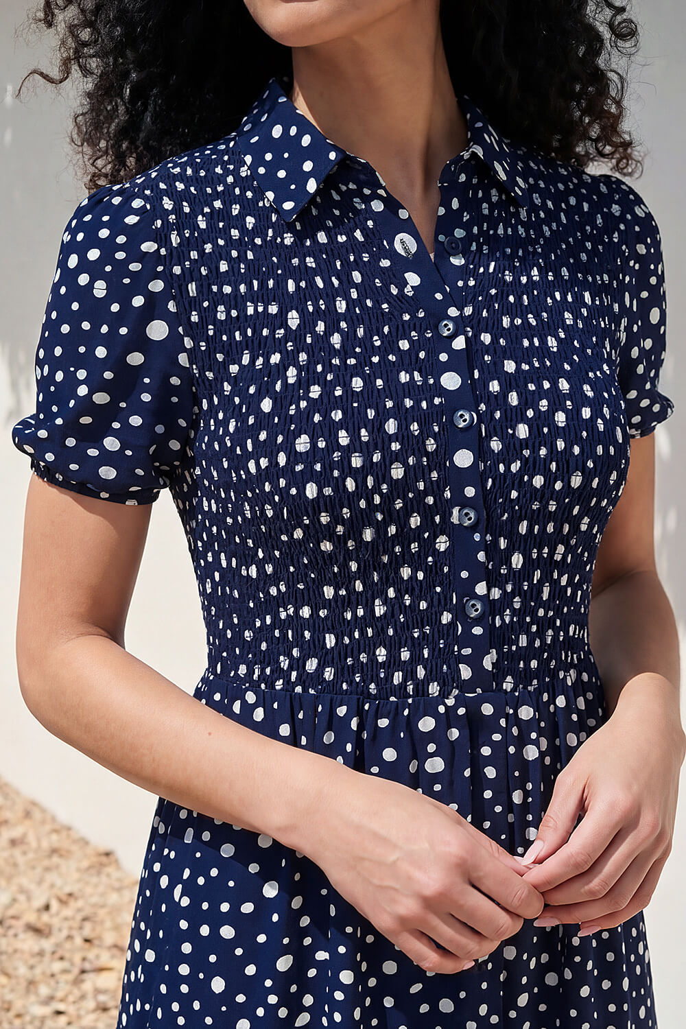 Spot Shirred Midi Dress, Image 5 of 4