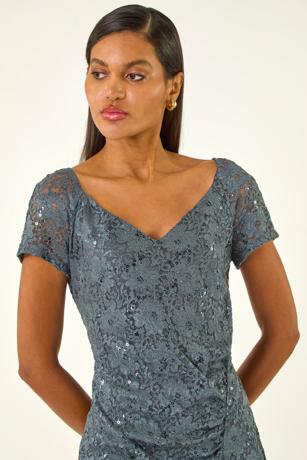Grey Lace Ruched Stretch Dress, Image 5 of 5