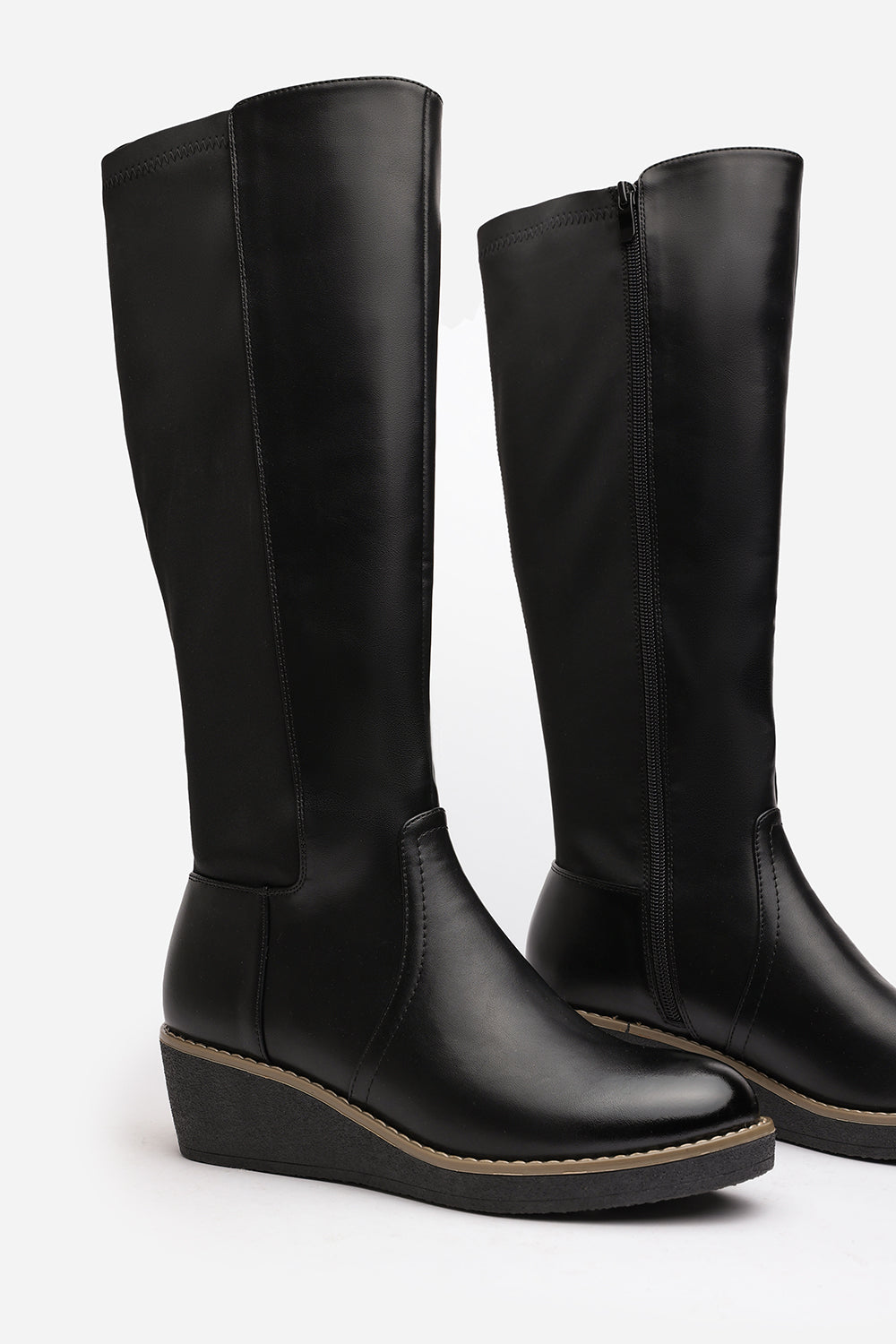 Black 'Livia' Knee High Wedge Boot Stitch Detail, Image 3 of 6