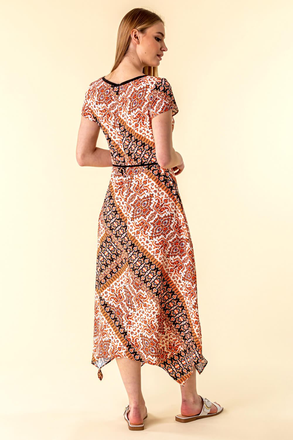 Orange Geo Contrast Print Hanky Hem Dress, Image 3 of 4
