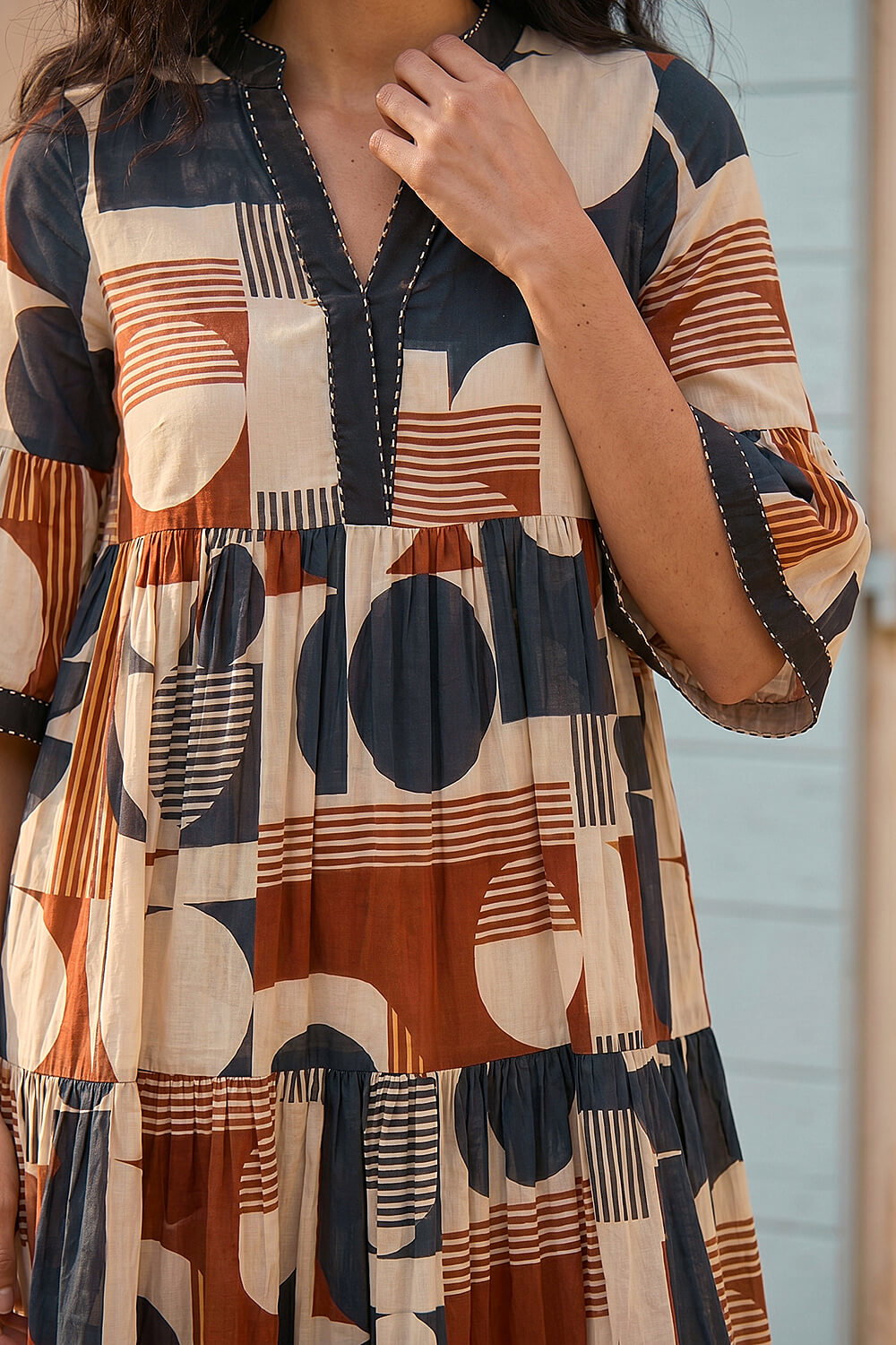 Tan Geometric Boho Maxi Dress, Image 5 of 4