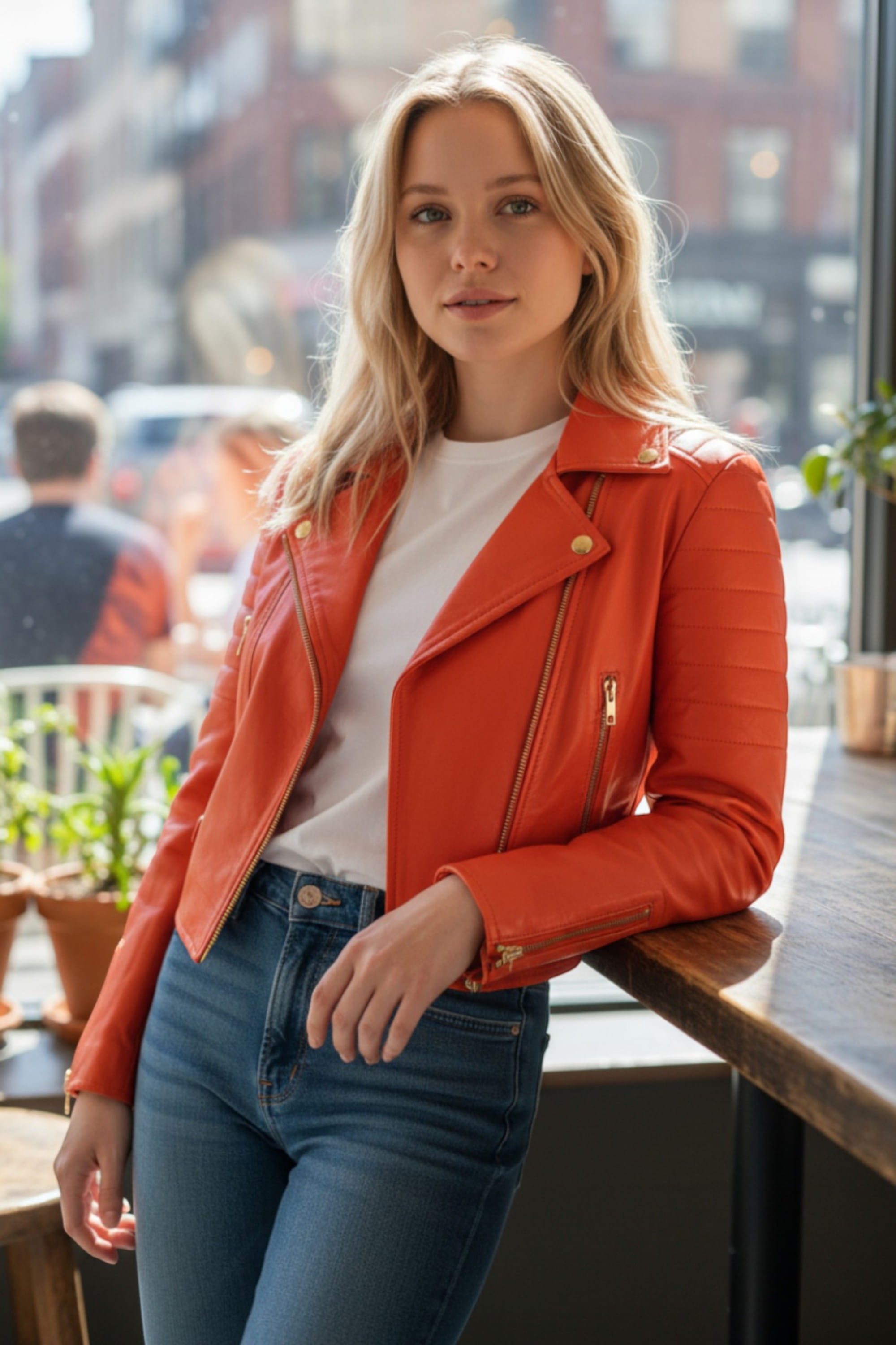Orange Cropped Brando Leather Biker Jacket, Image 1 of 7
