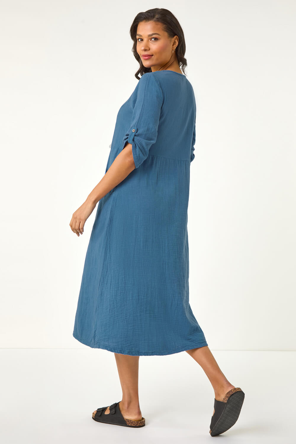 Blue Textured A-line Midi Dress, Image 4 of 5