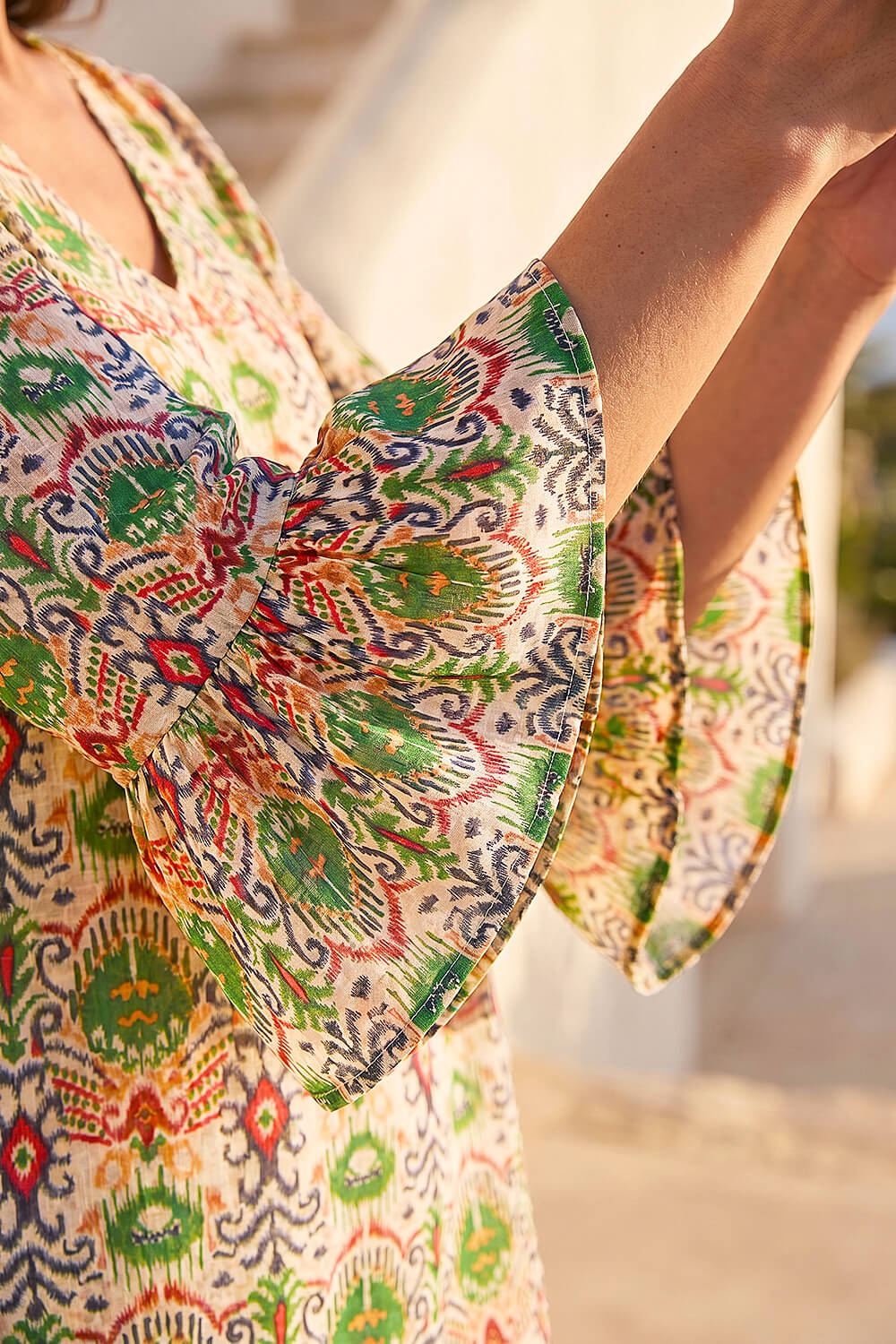Khaki Ikat Print Flare Sleeve Top, Image 5 of 4