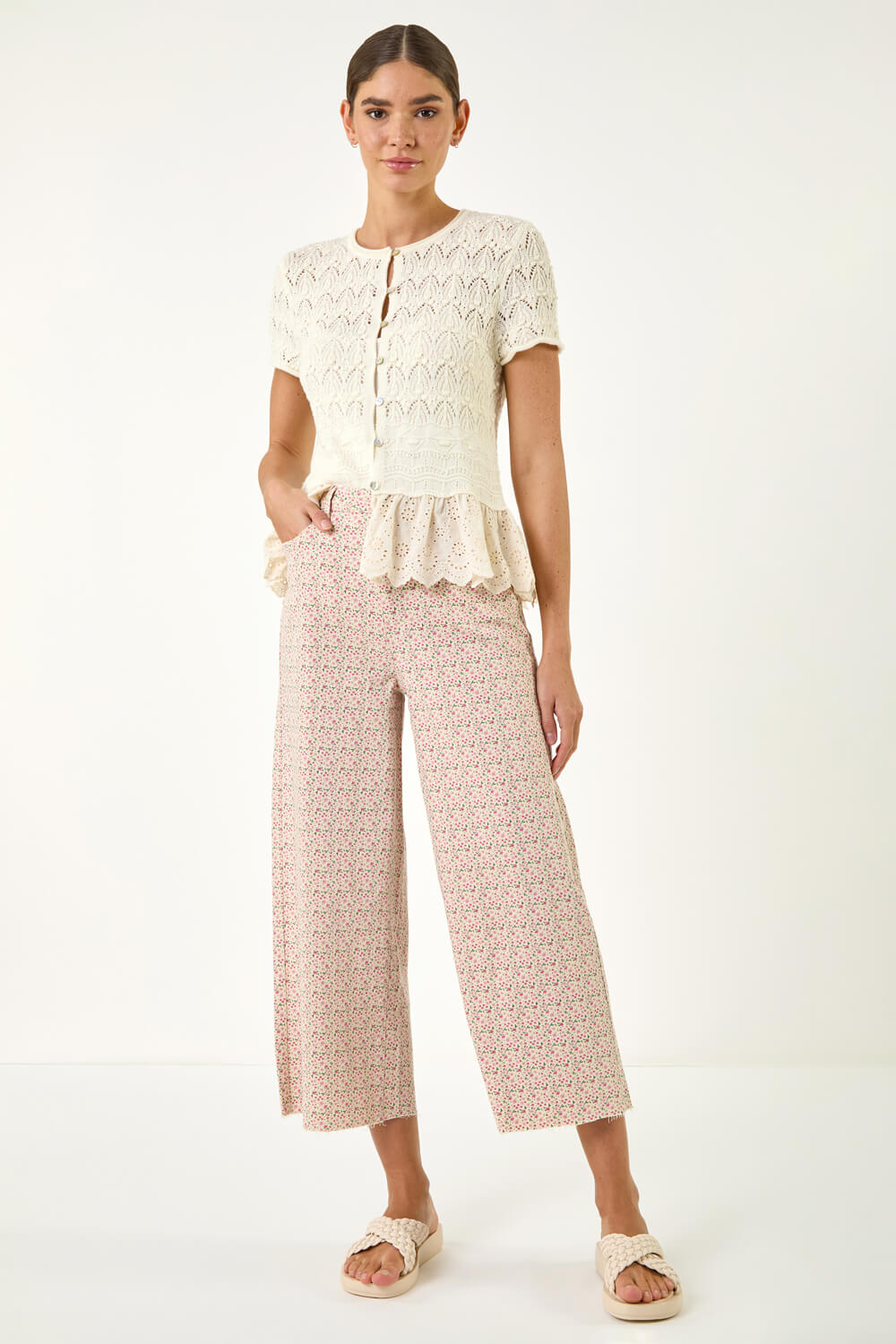 Light Pink Floral Print Frayed Edge Ankle Jean, Image 4 of 6
