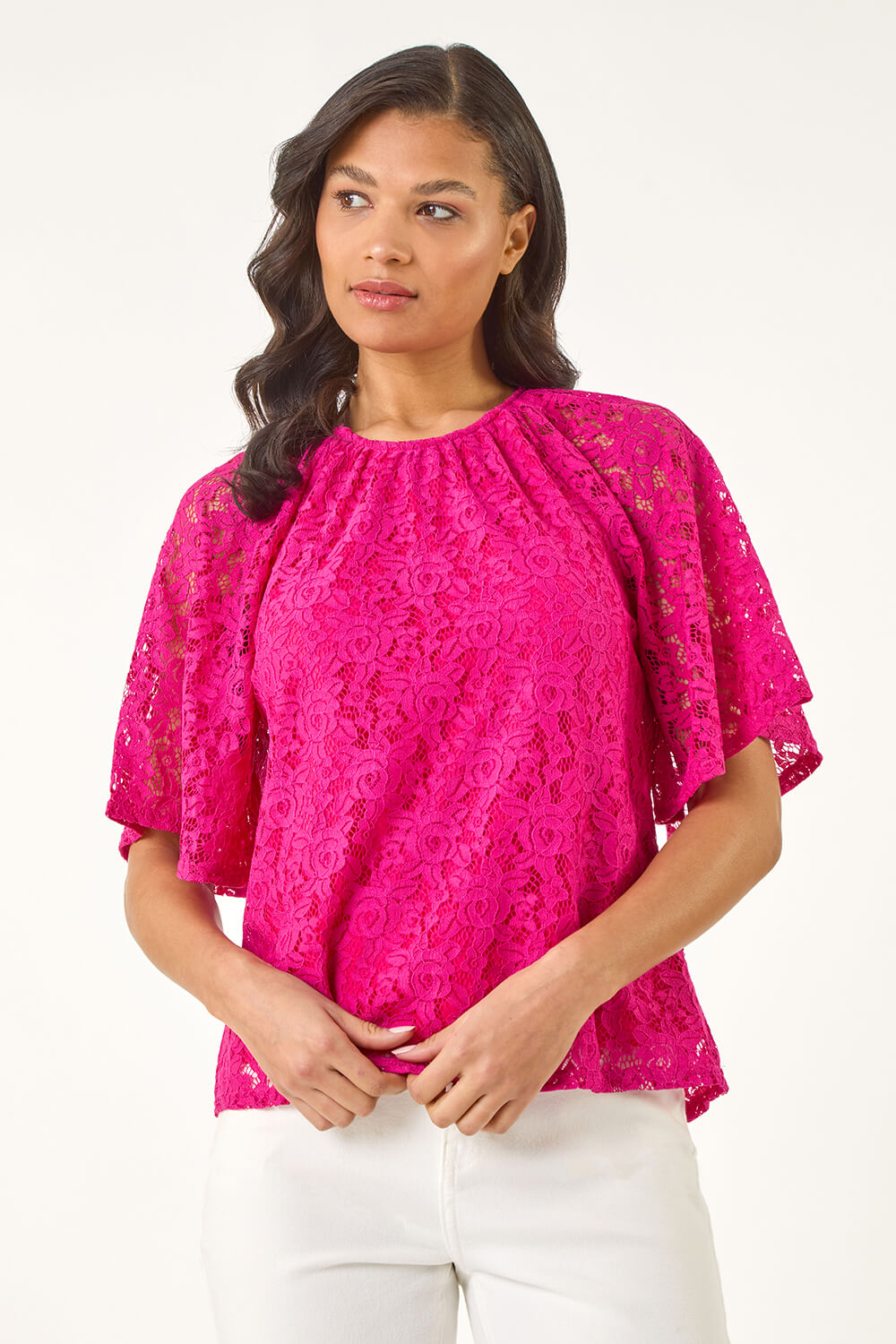 Magenta Lace Angel Sleeve Stretch Top, Image 5 of 5