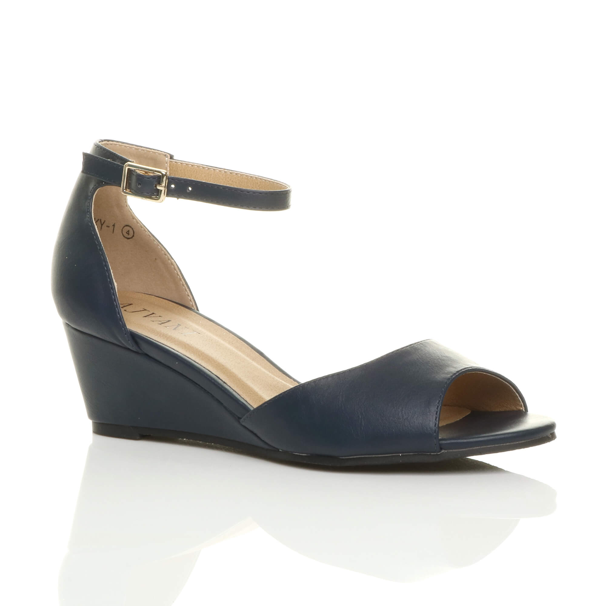 Navy Blue AJVANI Navy Blue Mid Wedge Heel Ankle Strap Sandals, Image 1 of 6