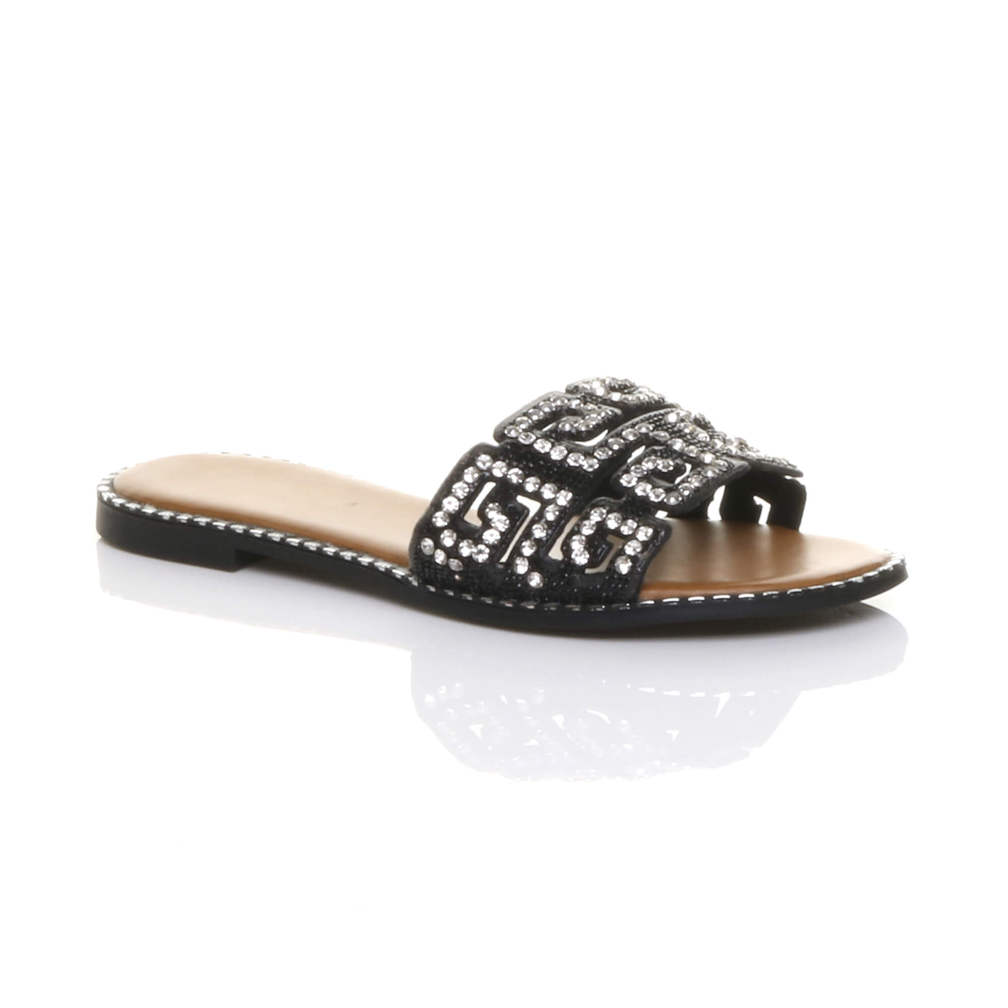 Black Flat Diamante Mule Sandals Flip Flips Sliders, Image 1 of 4