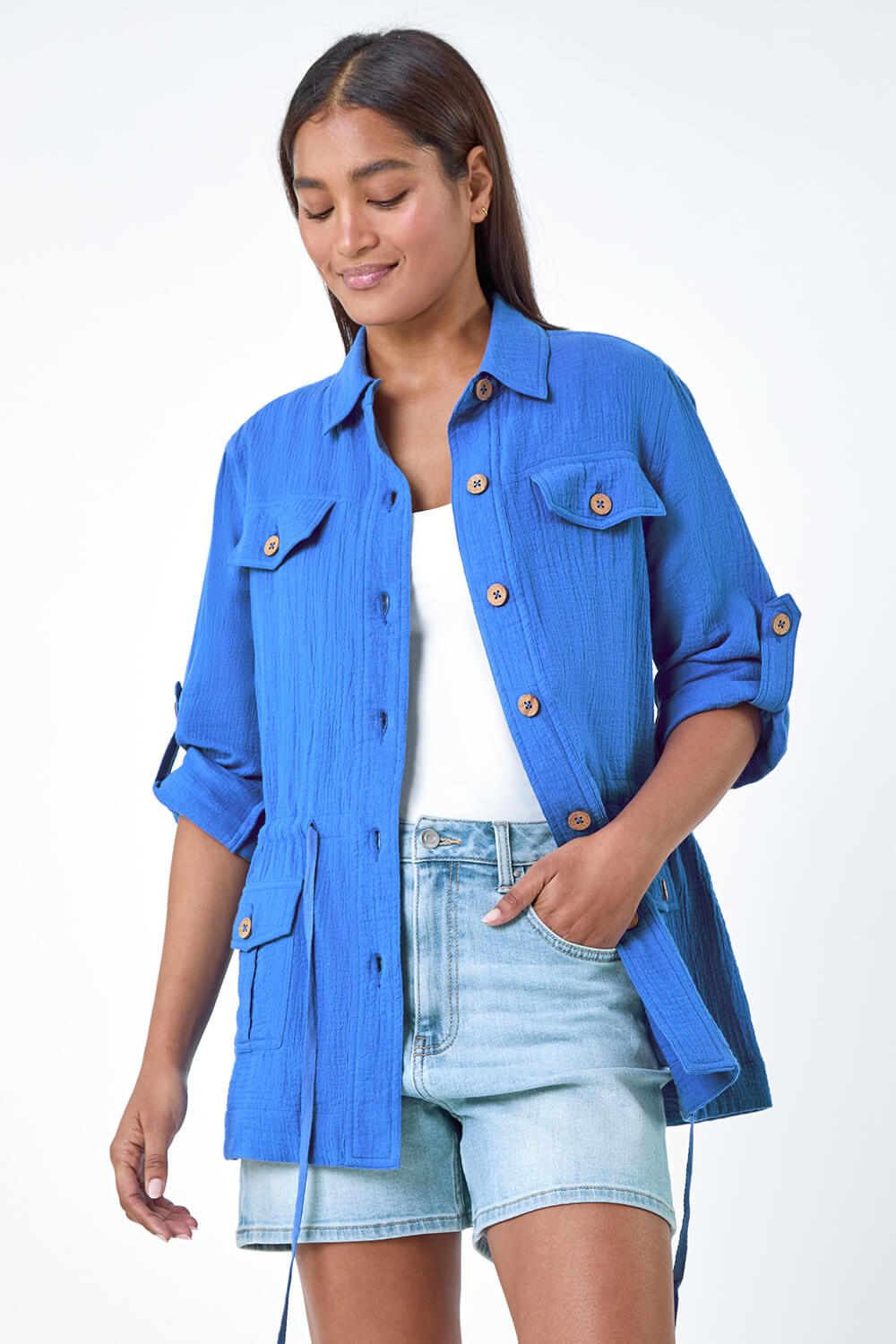 Blue Textured Tie Waist Shirt Jacket, Image 3 of 6