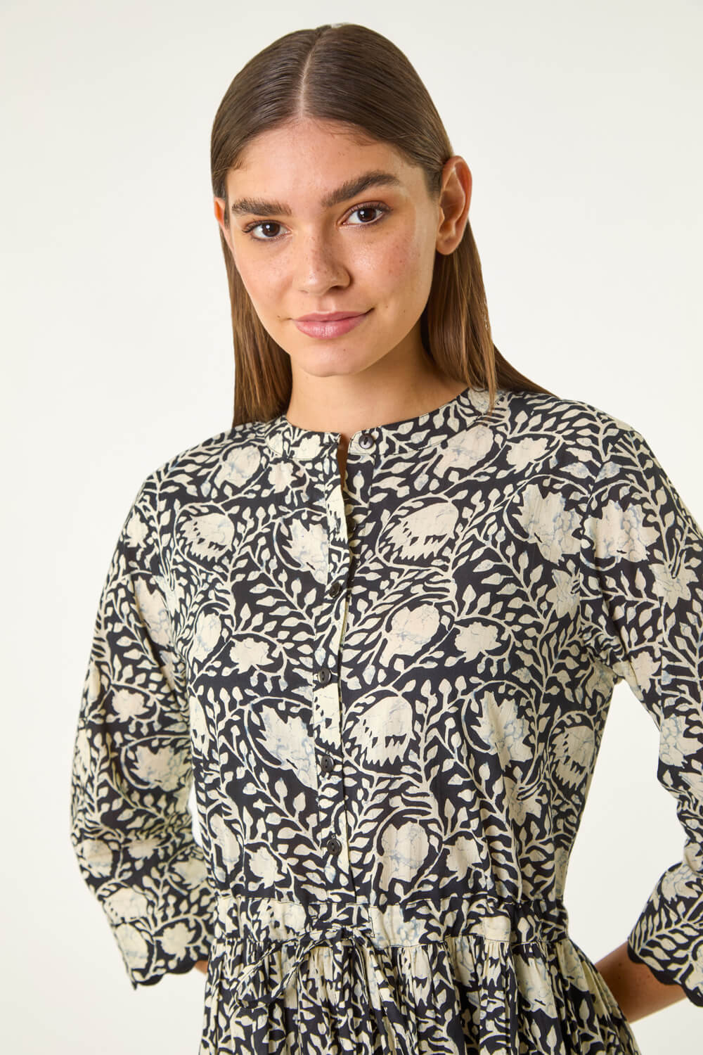 Black Floral Frill Buttoned Smock Dress, Image 5 of 5