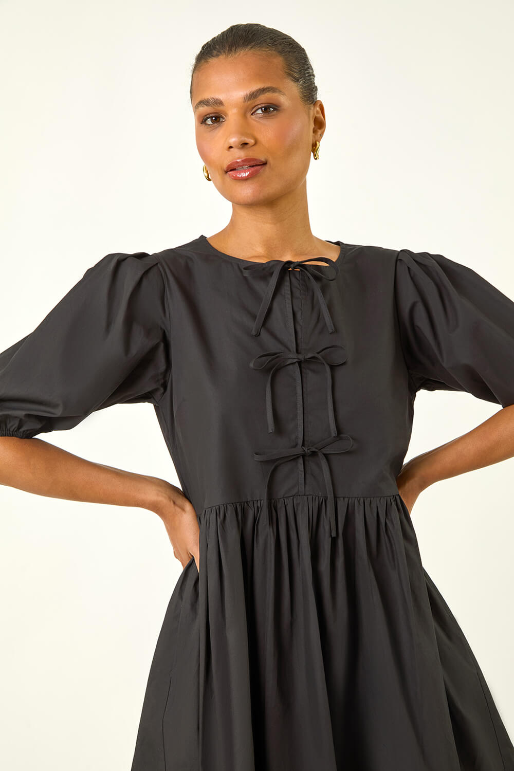 Black Tie Front Smock Dress, Image 5 of 5