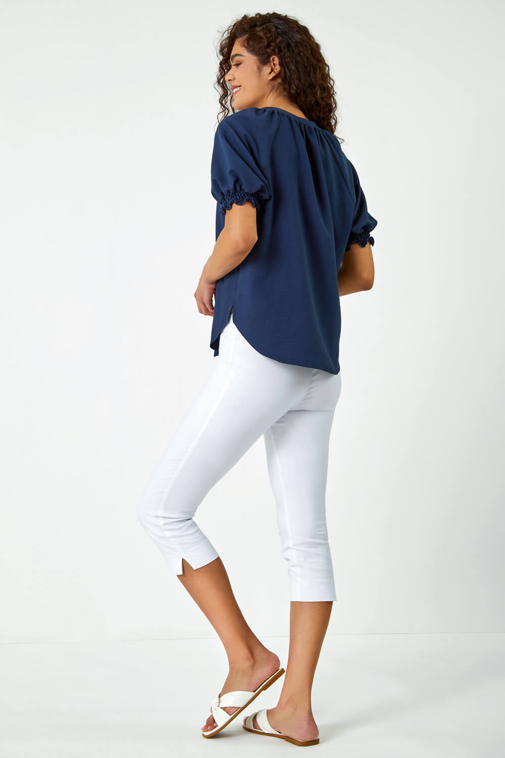 Navy Puff Sleeve Button Up Detail V-Neck Blouse, Image 4 of 5