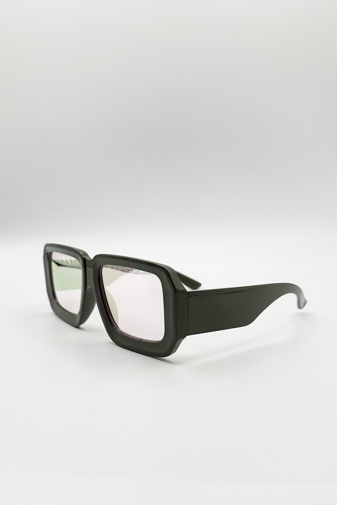 Dark Grey Oversized Square Frame Sunglasses In Mud Grey with Pink Mirror Lenses, Image 2 of 3