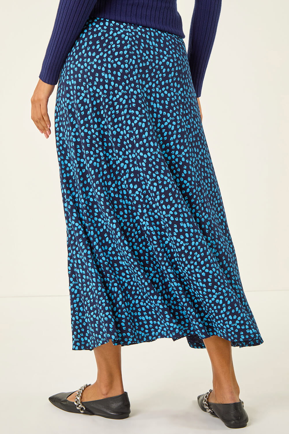 Mid Navy Linear Spot Stretch Midi Skirt, Image 5 of 5