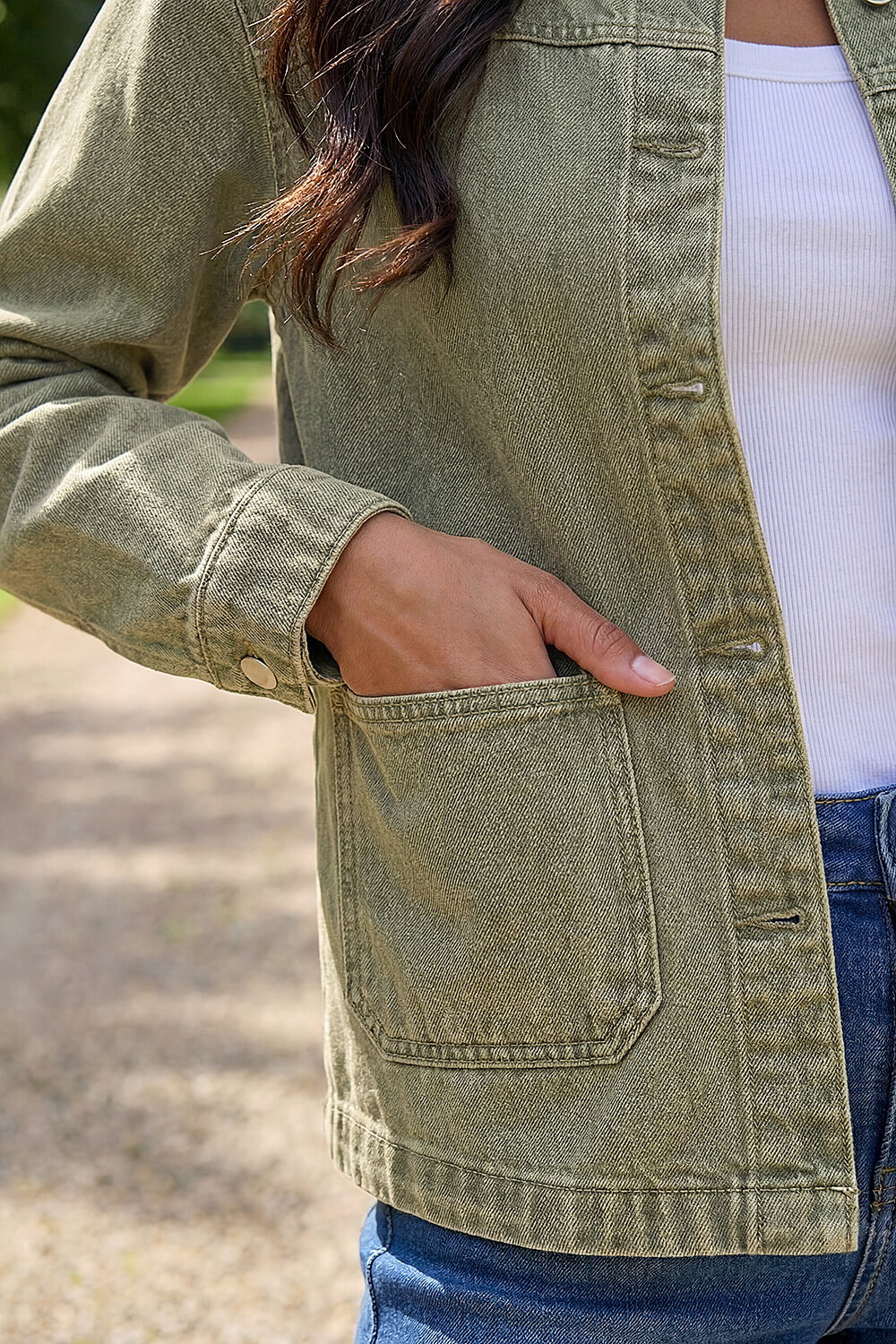 Khaki Denim Button Front Pocket Jacket, Image 5 of 4