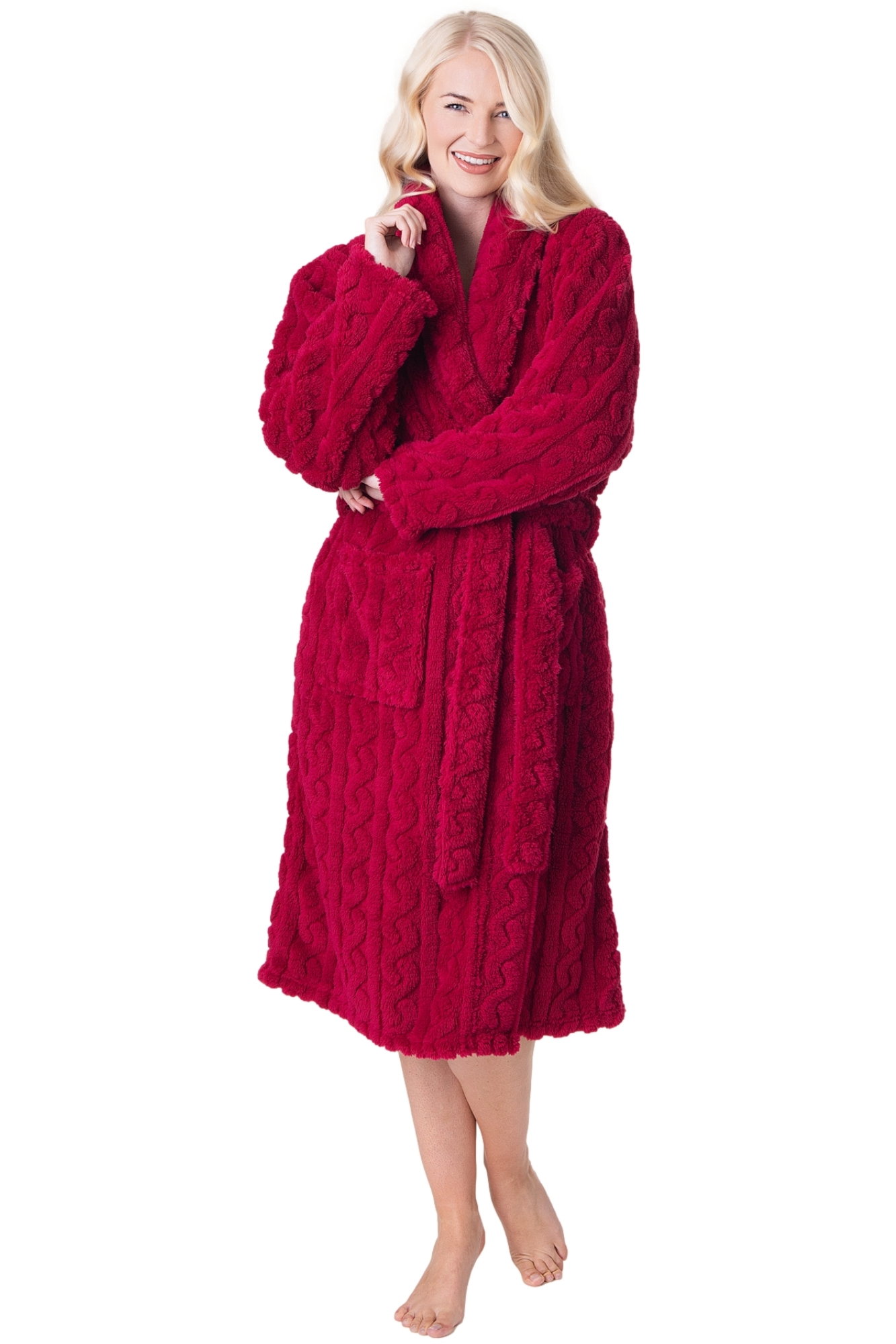 Burgundy Camille Lingerie Burgundy Supersoft Fleece Jaquard Bathrobe, Image 5 of 5