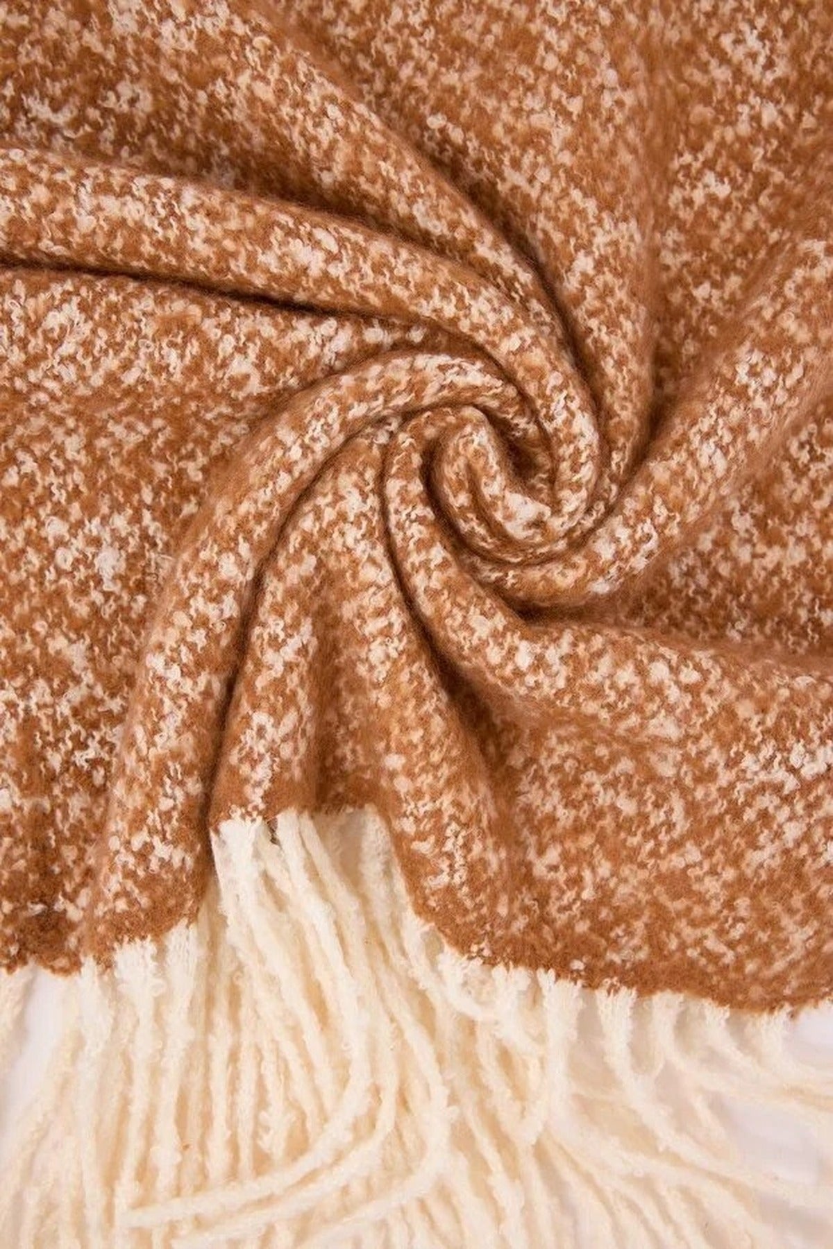 Brown WOVCOR Brown Contrast Tassel Marled Boucle Oversized Winter Scarf, Image 2 of 2