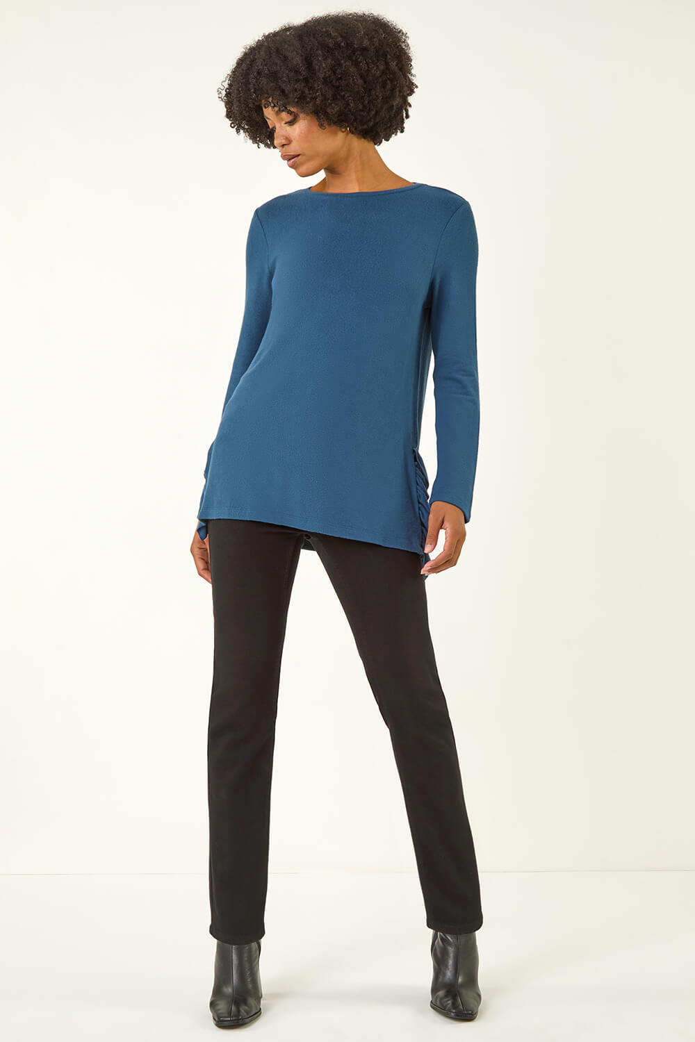Teal Soft Touch Side Ruffle Top, Image 3 of 5