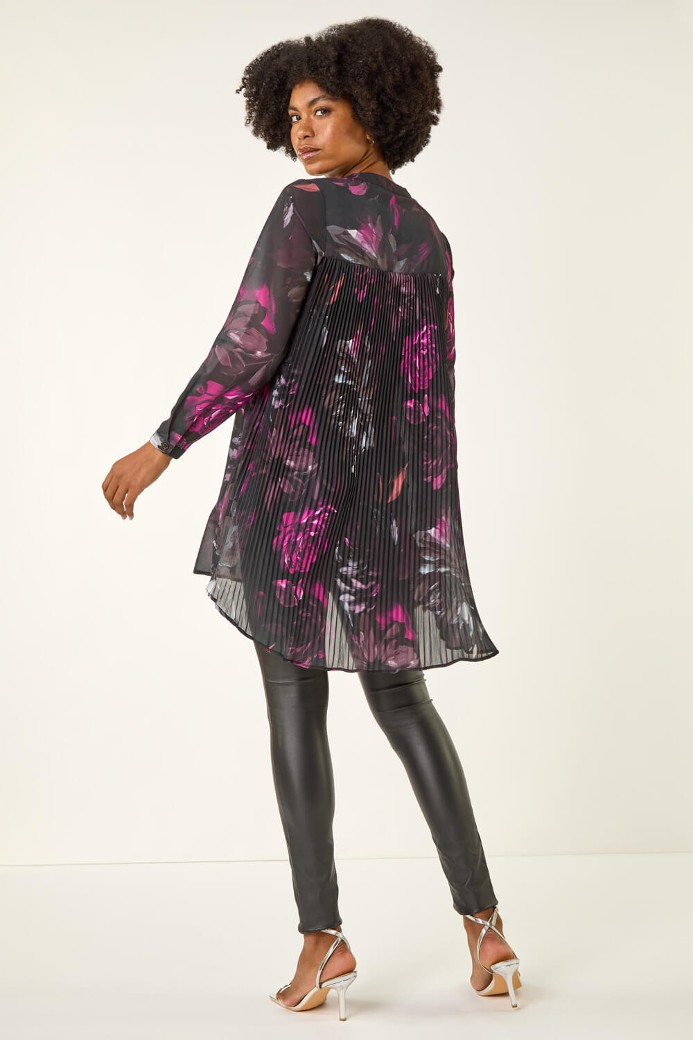 Black Floral Print Pleated Back Blouse, Image 3 of 5