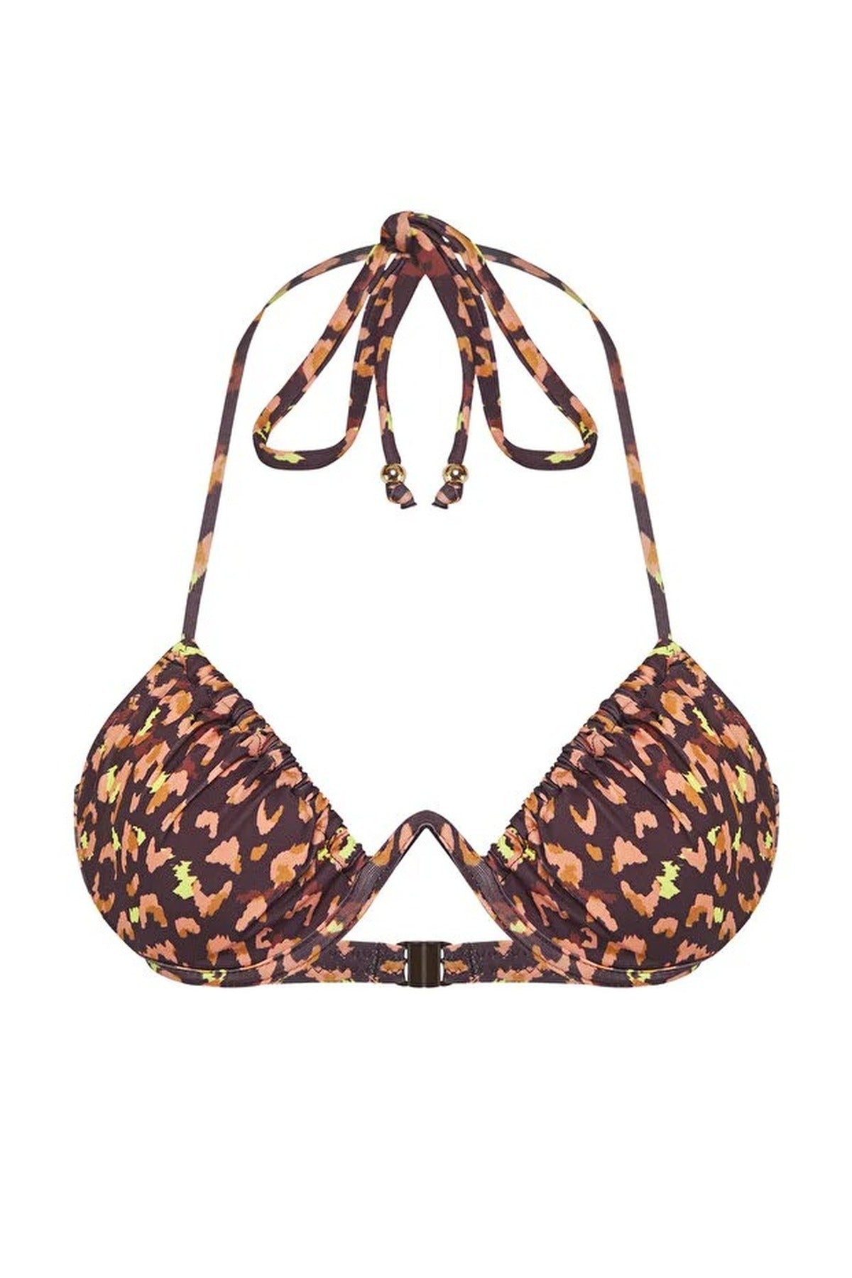 Multi WOVCOR Multi Leopard Print V Wire Padded Balconette Bikini Top with Halterneck, Image 2 of 5