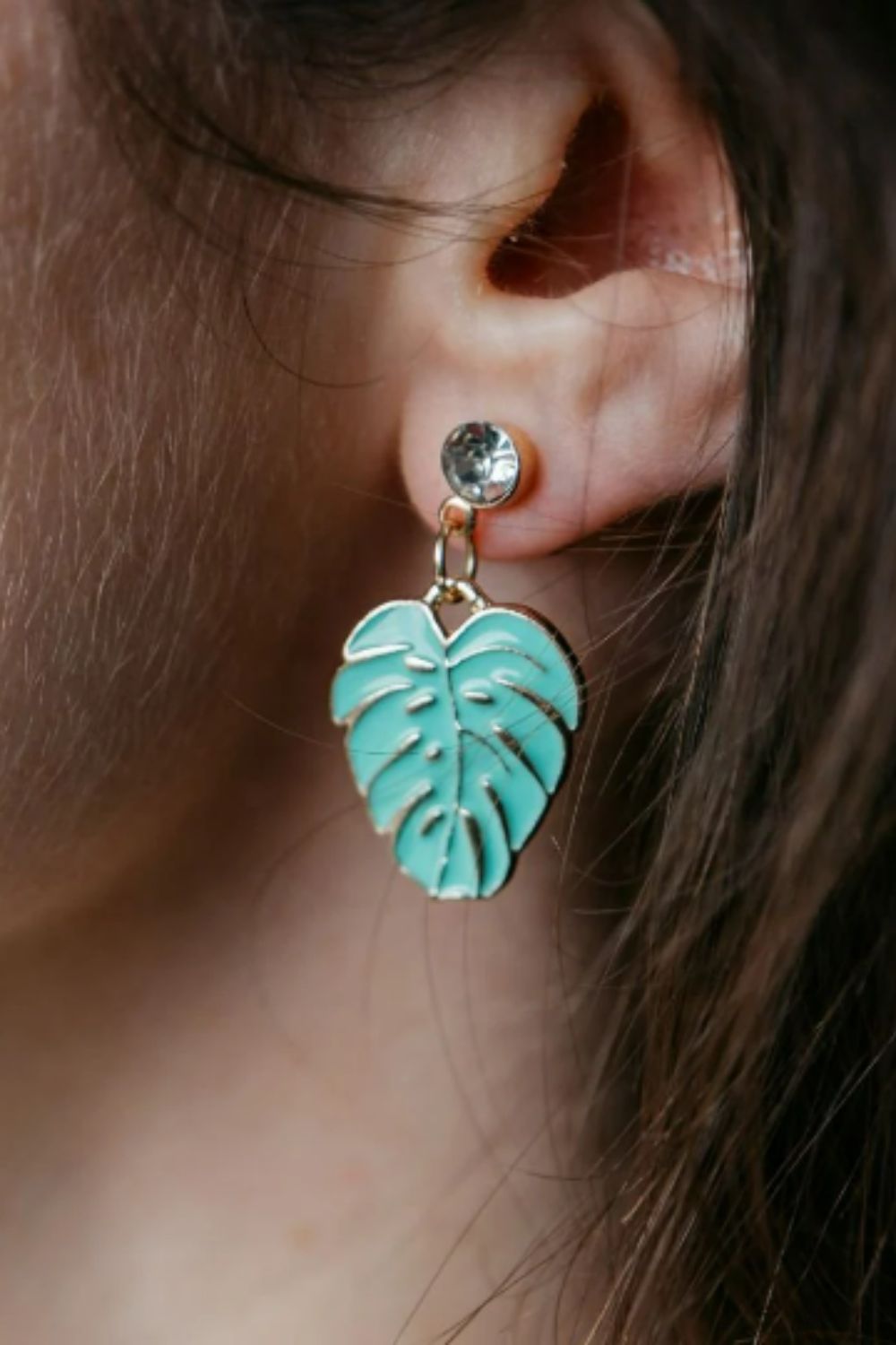 Pea Green Feather Leaf Zircon Dangle Stud Earrings, Image 1 of 2