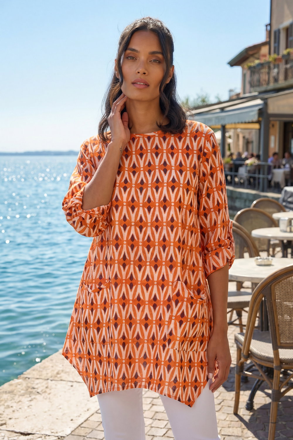 Roman Women's Orange Cotton Geometric Pocket Longline Tunic Top Size 16