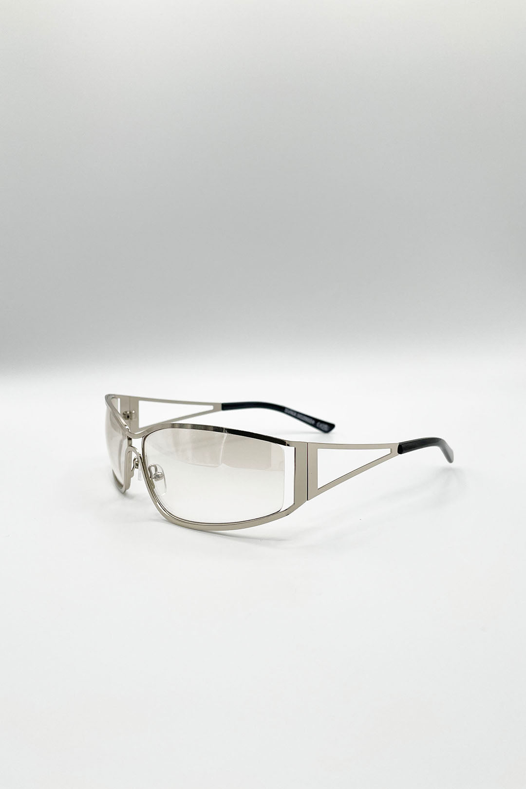 Silver SVNX Silver Retangle Wrap Around Metal Sunglasses In Silver, Image 2 of 4