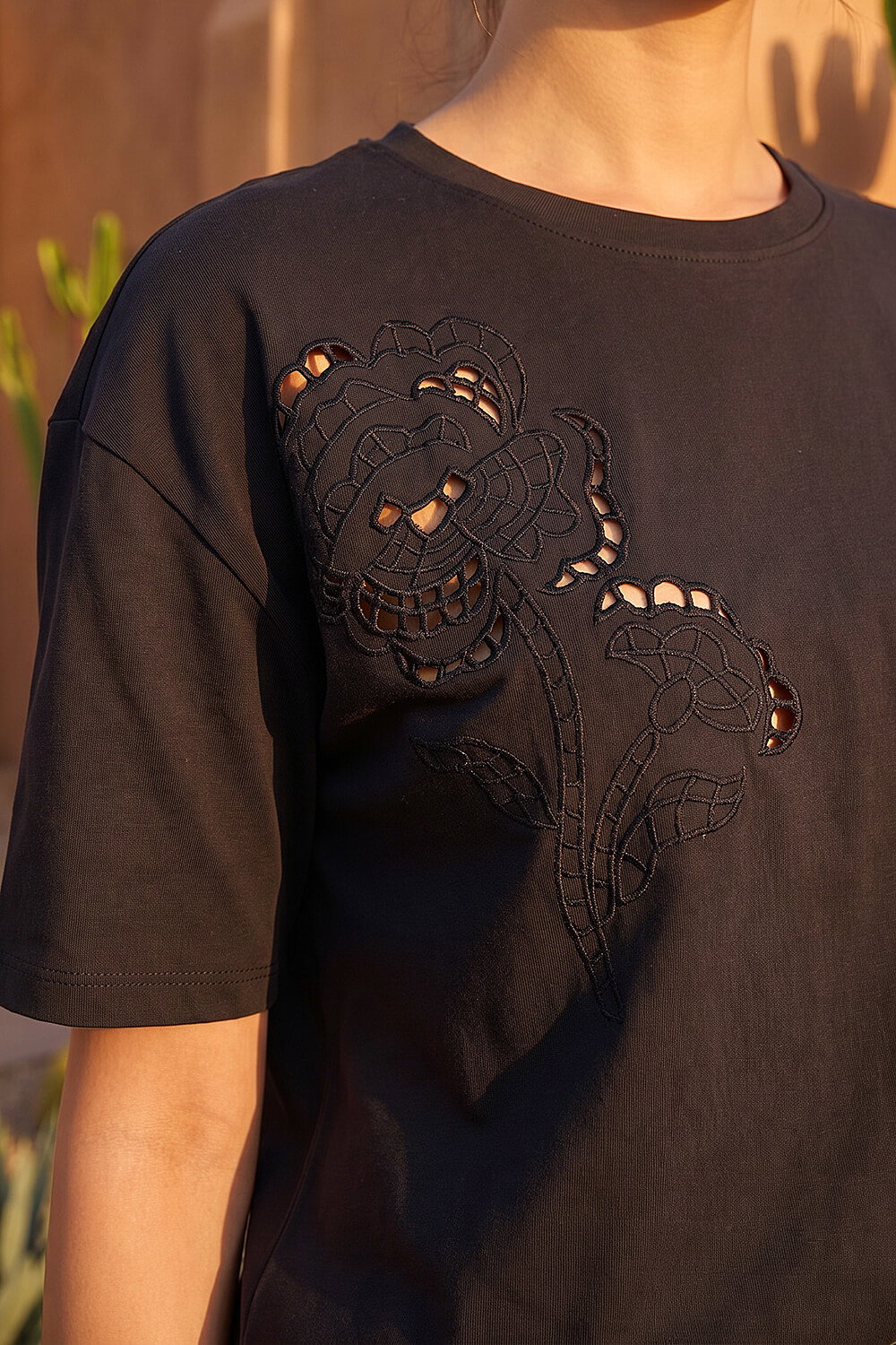 Black Dusk Floral Cut Out T-Shirt, Image 5 of 4