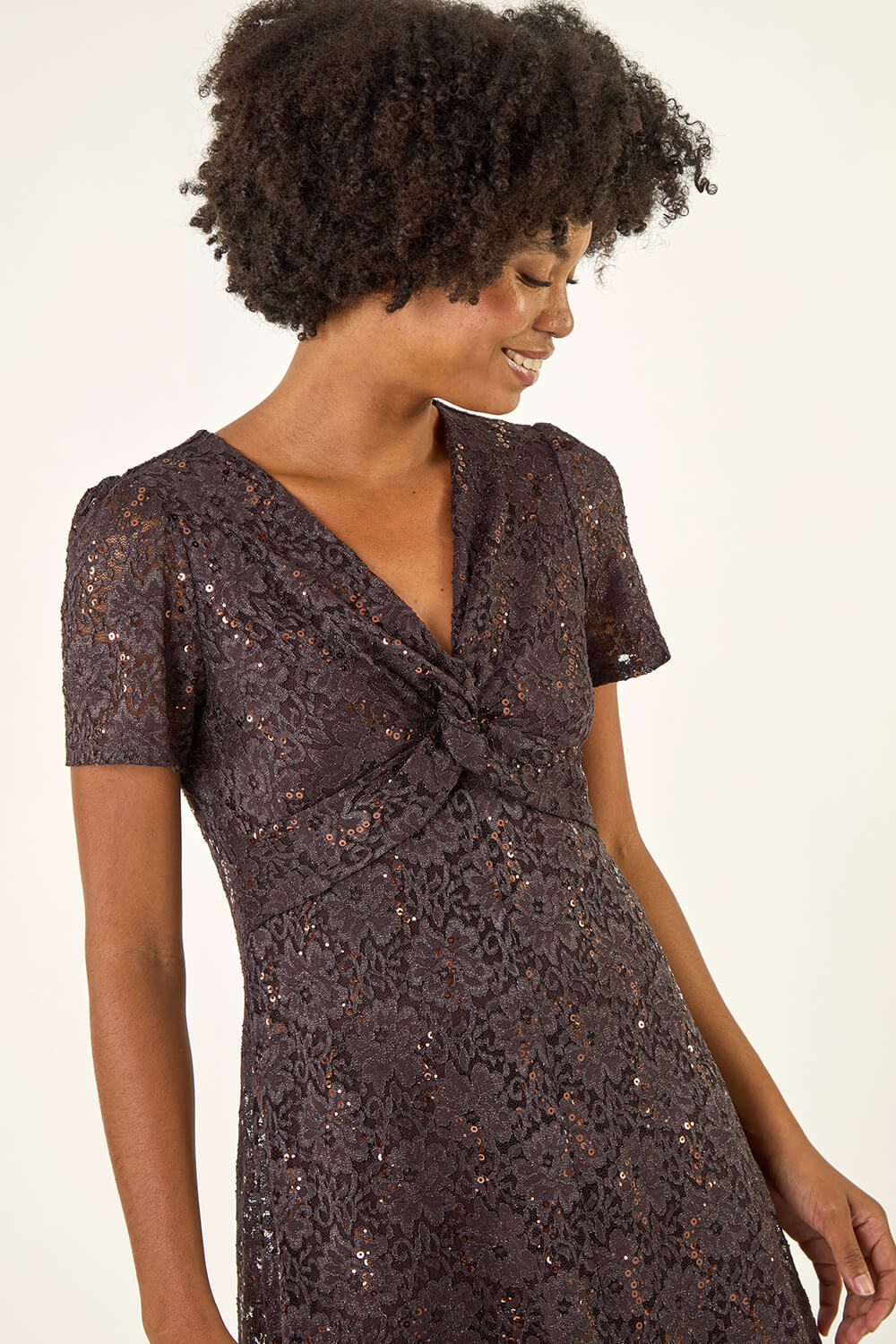 Chocolate Sequin Lace Twist Front Midi Dress, Image 5 of 5