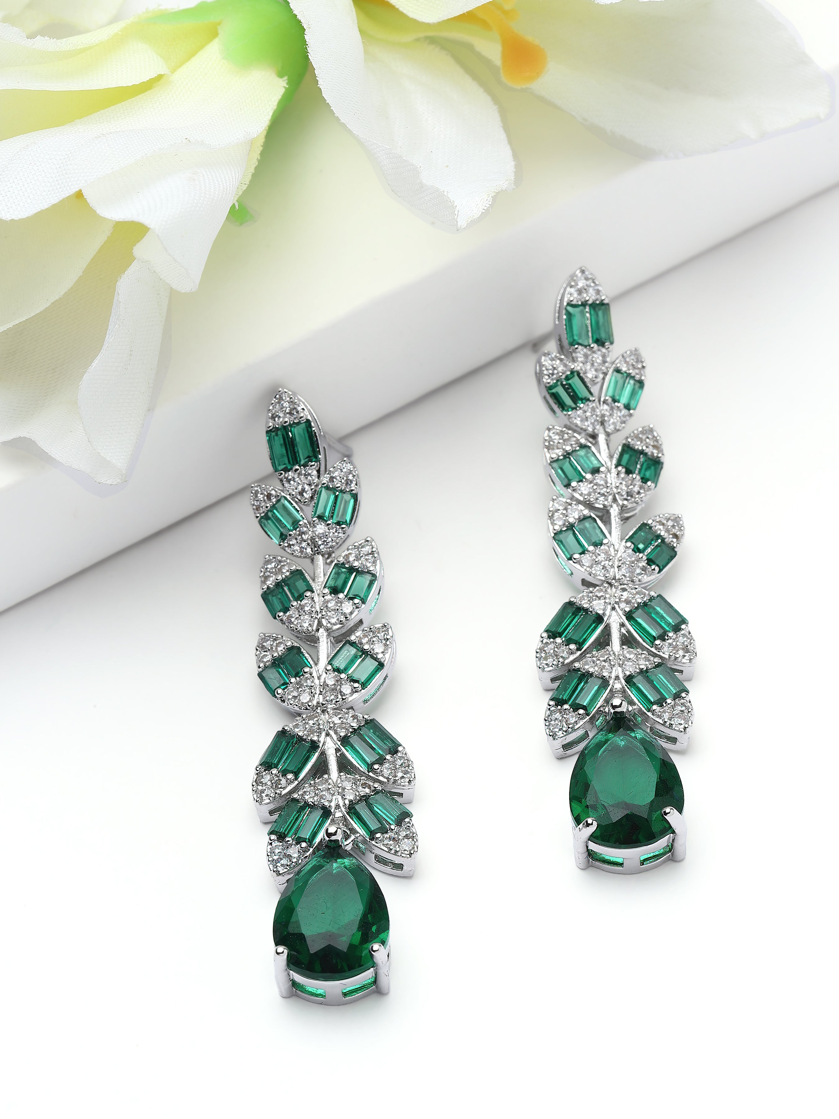 Green Leaf Baguette Waterfall Statement Earrings, Image 3 of 3
