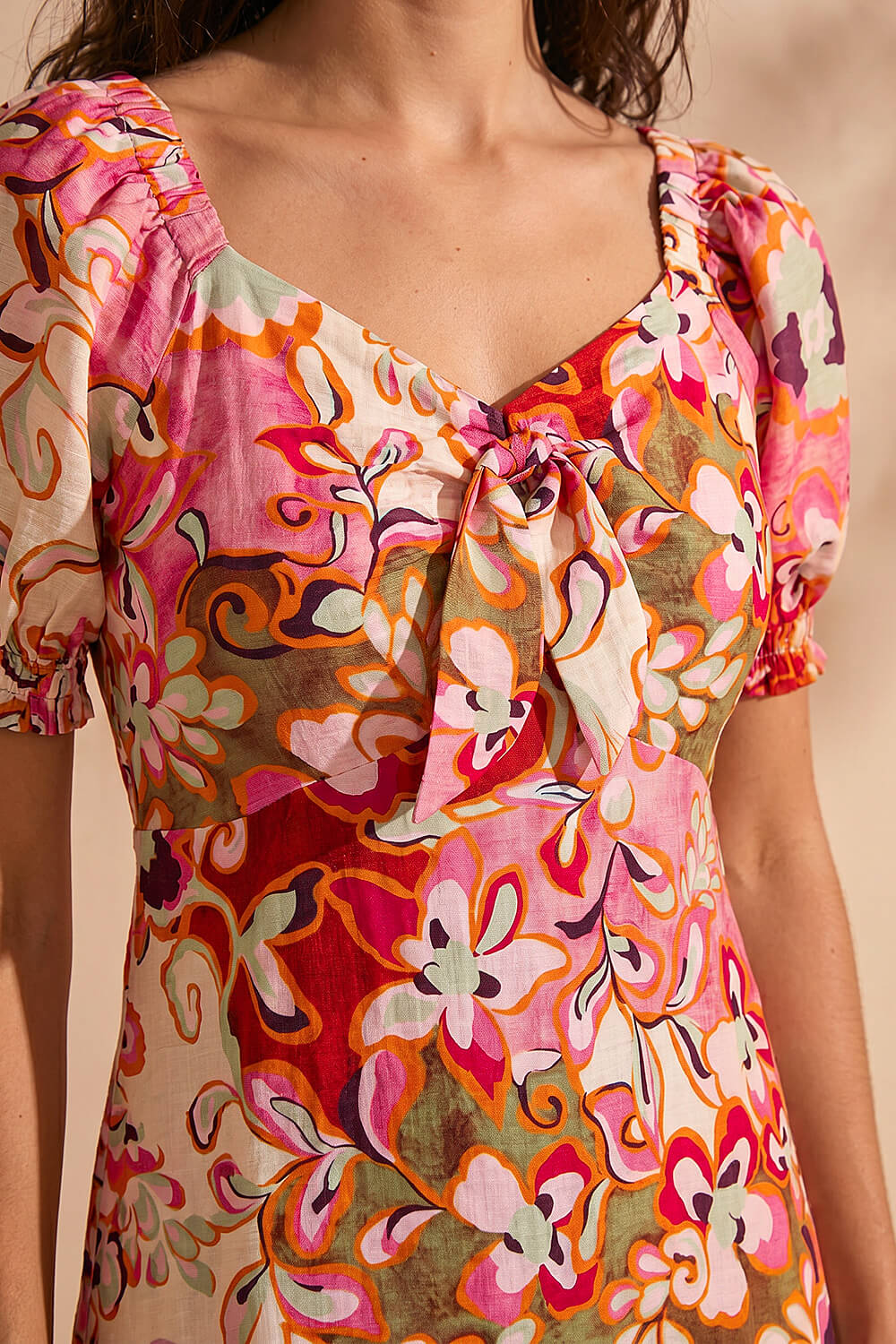 Pink Floral Print Tie Front Midi Dress, Image 5 of 4
