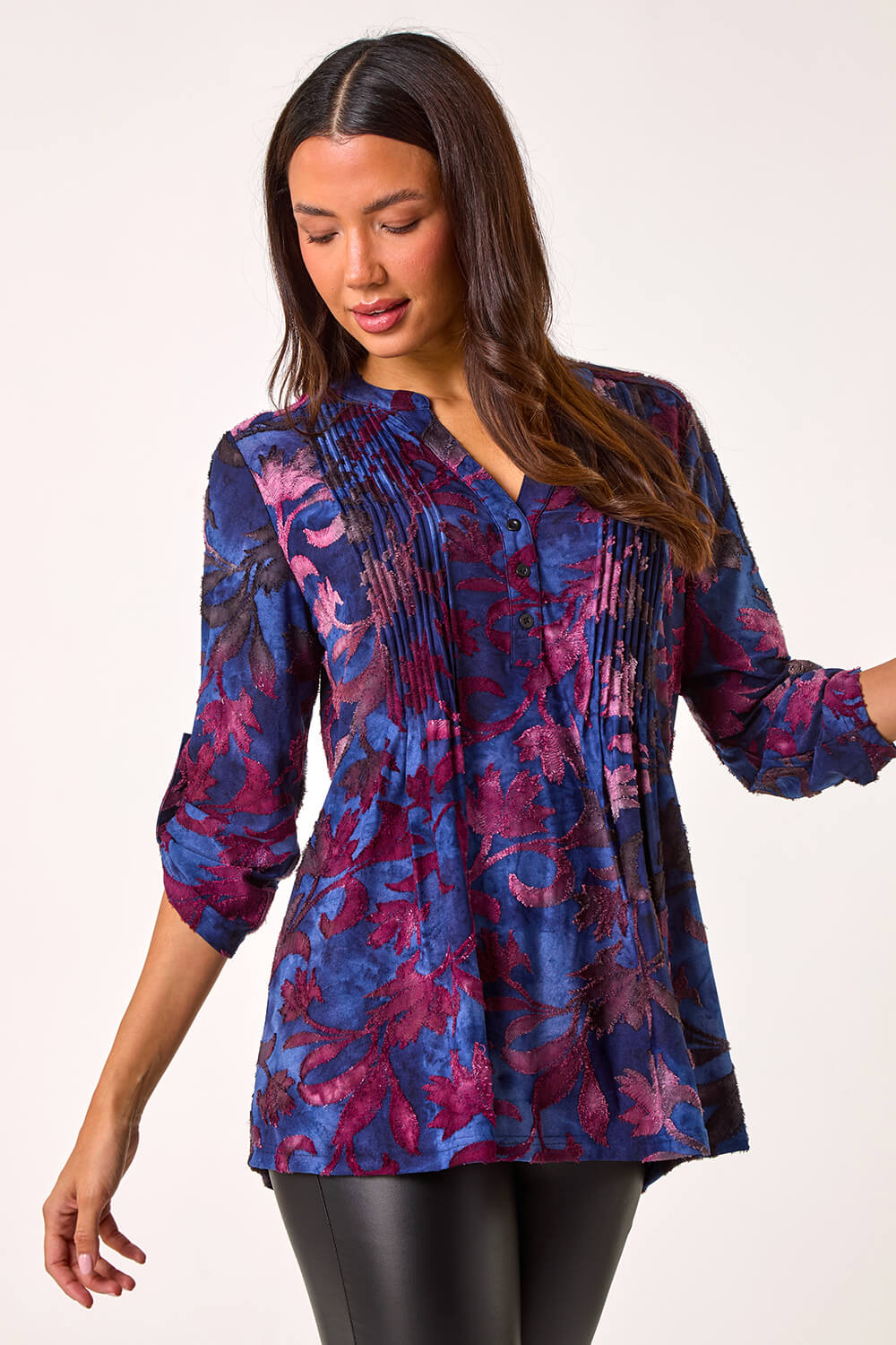 Blue Textured Stretch Pintuck Pleat Shirt, Image 1 of 5
