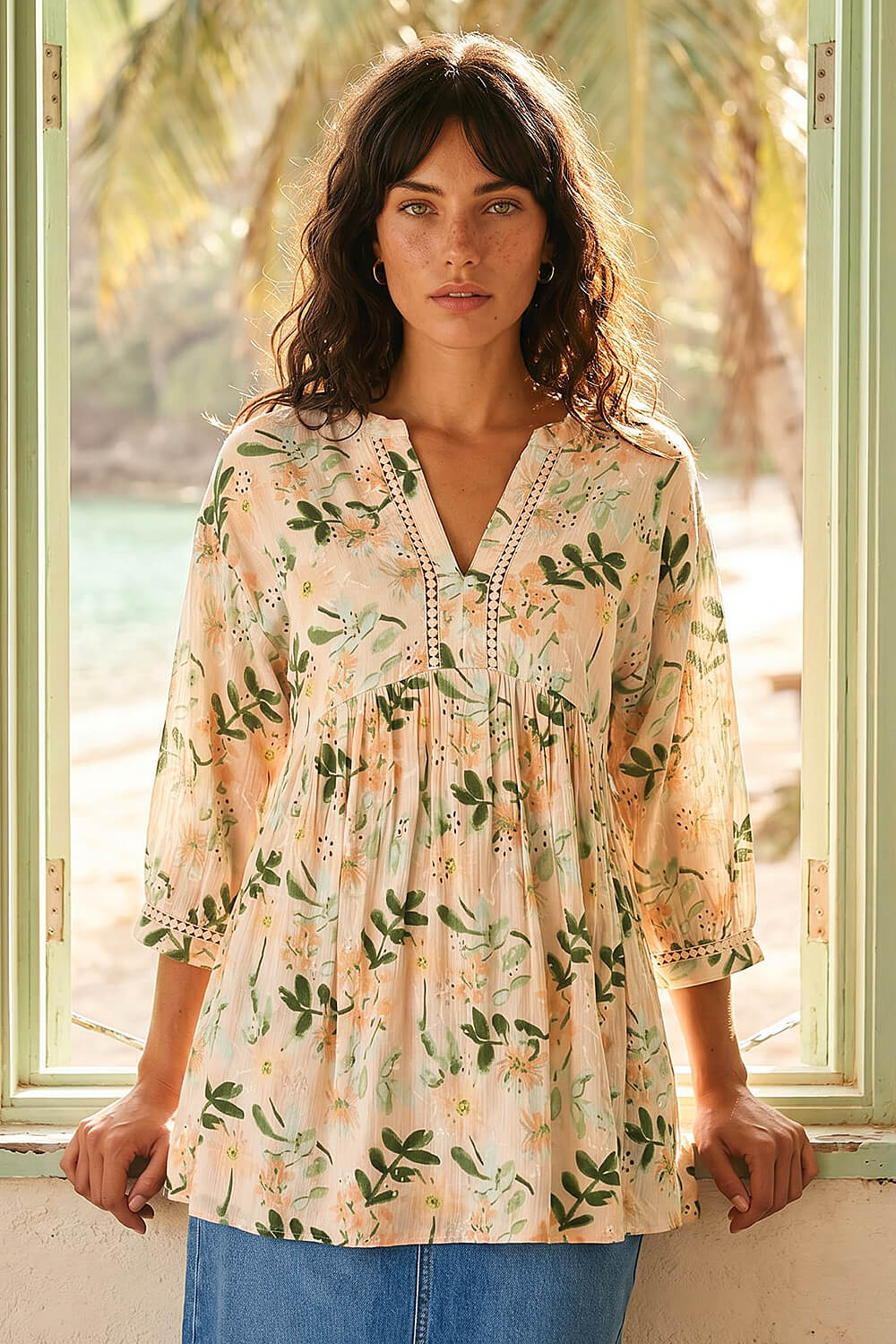 Peach Floral Broderie Trim Tunic Top, Image 3 of 4