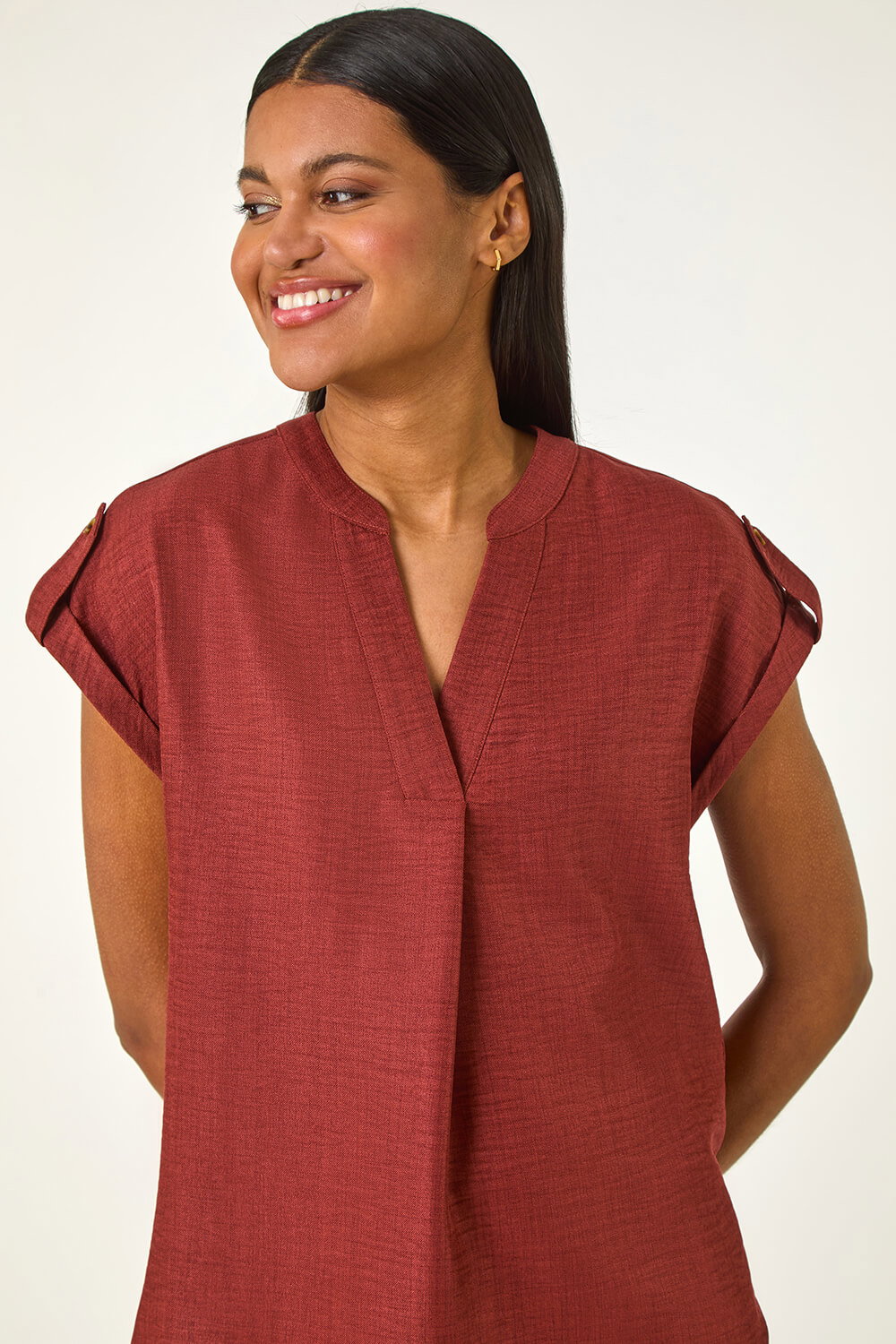 Chocolate Pleated Notch Neck Top, Image 5 of 5