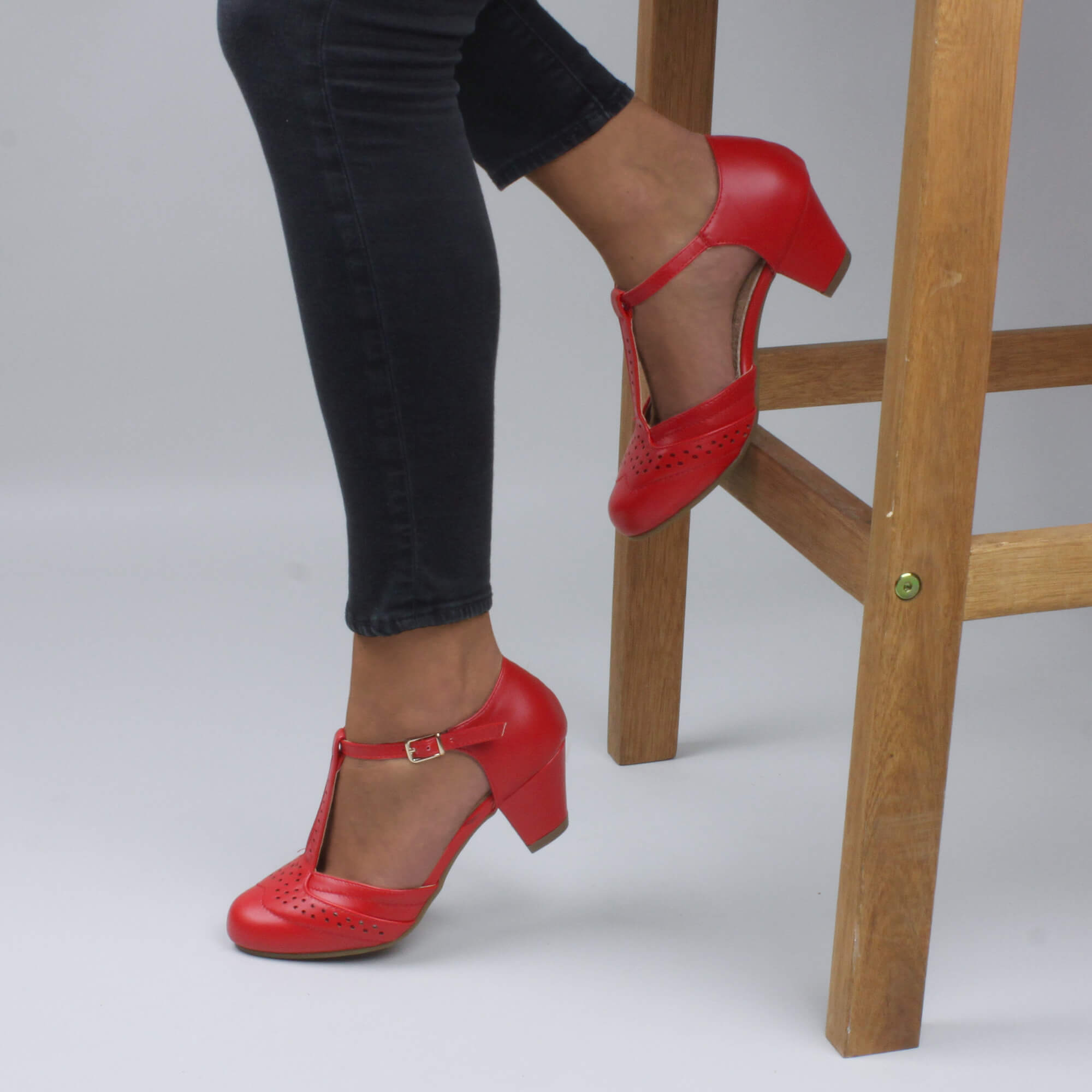 Red Mid Heel Comfort T-Bar Brogue Heels, Image 5 of 6