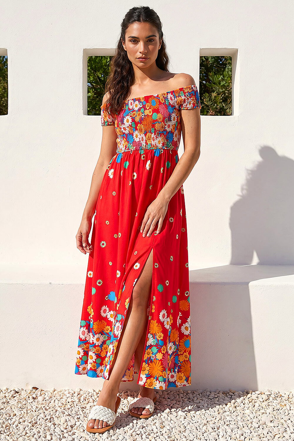 Roman Women's Red Floral Print Bardot Shir Midi Dress Size 18
