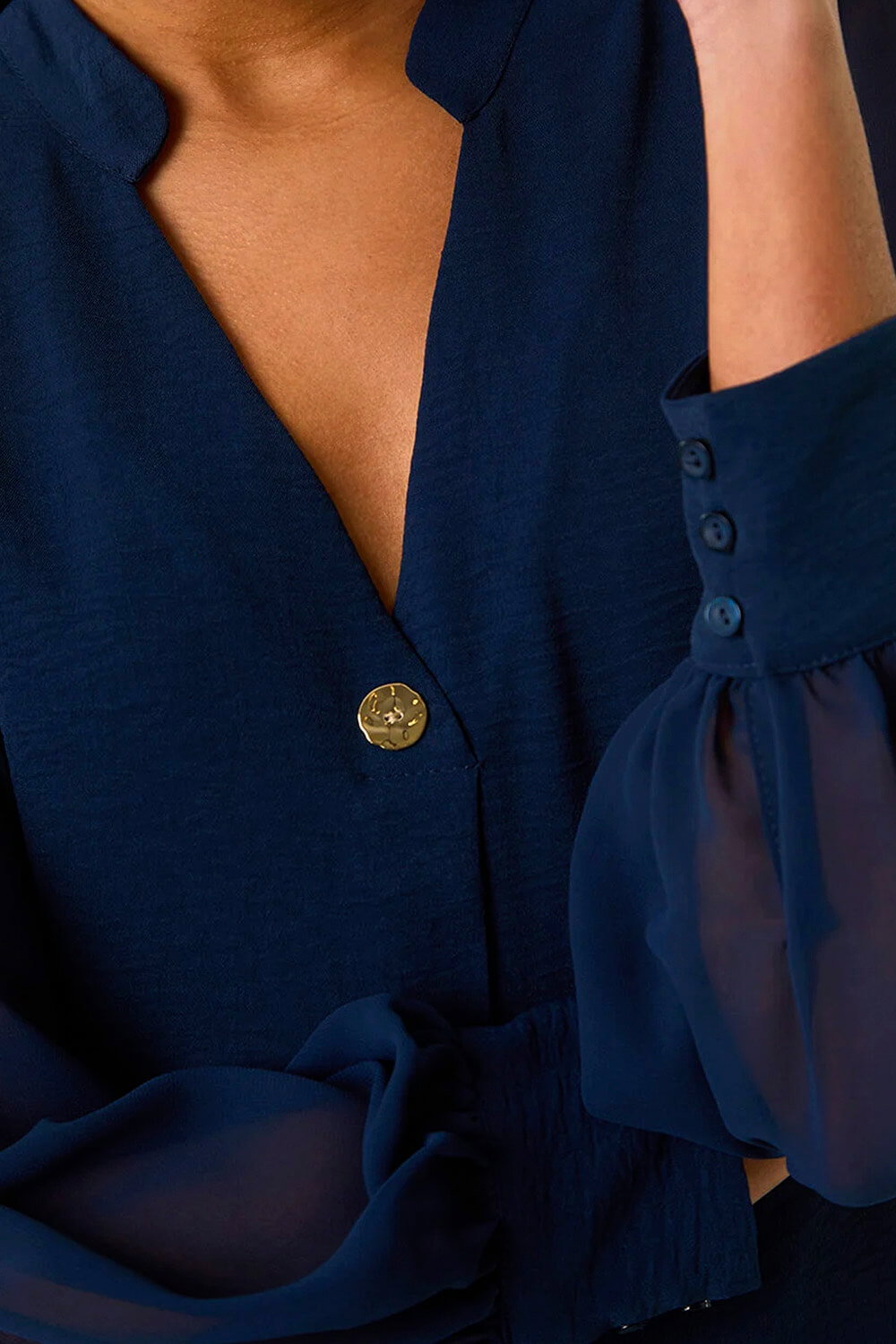 Navy Chiffon Sleeve V-Neck Pleated Top, Image 5 of 4