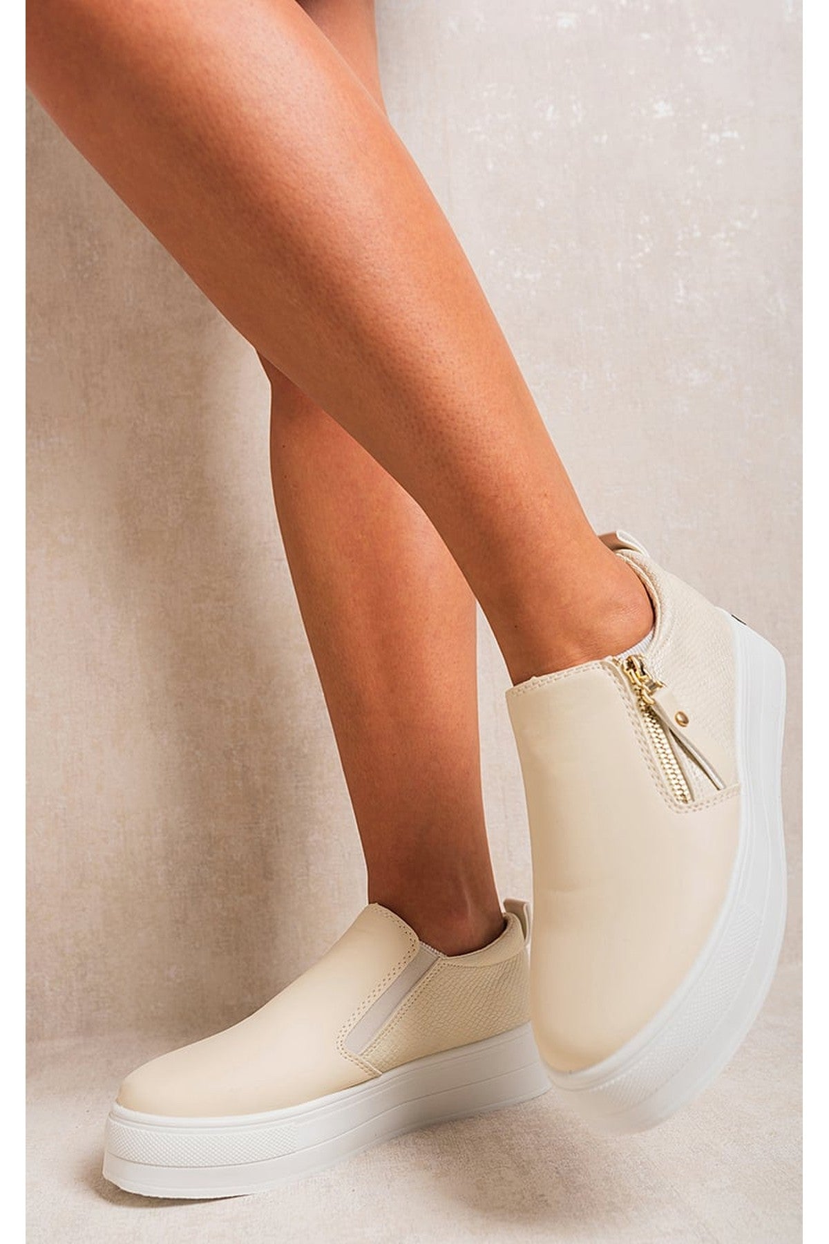 Beige Andrea Zipper Decor Slip On Trainers, Image 3 of 4