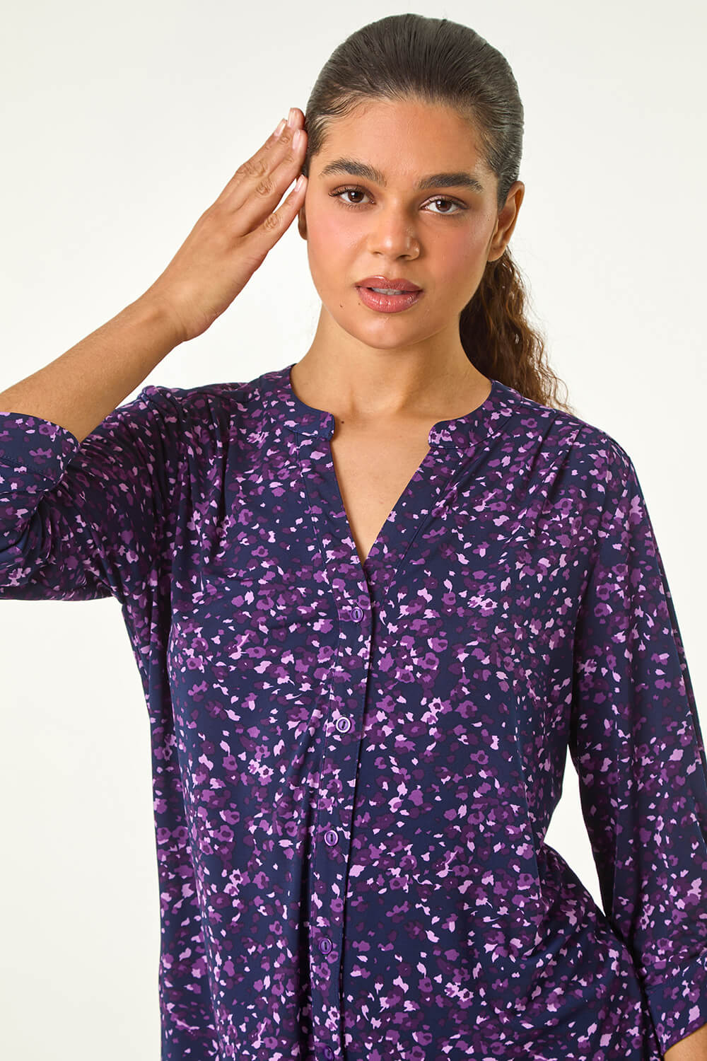Purple Stretch Speckled Print Blouse, Image 5 of 5