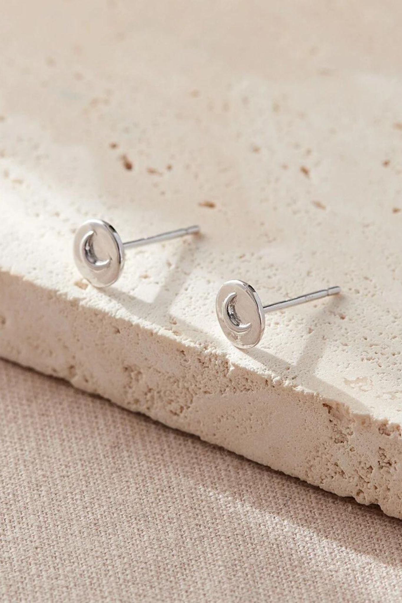 Silver Sterling Silver Round Crescent Moon Studs, Image 2 of 2